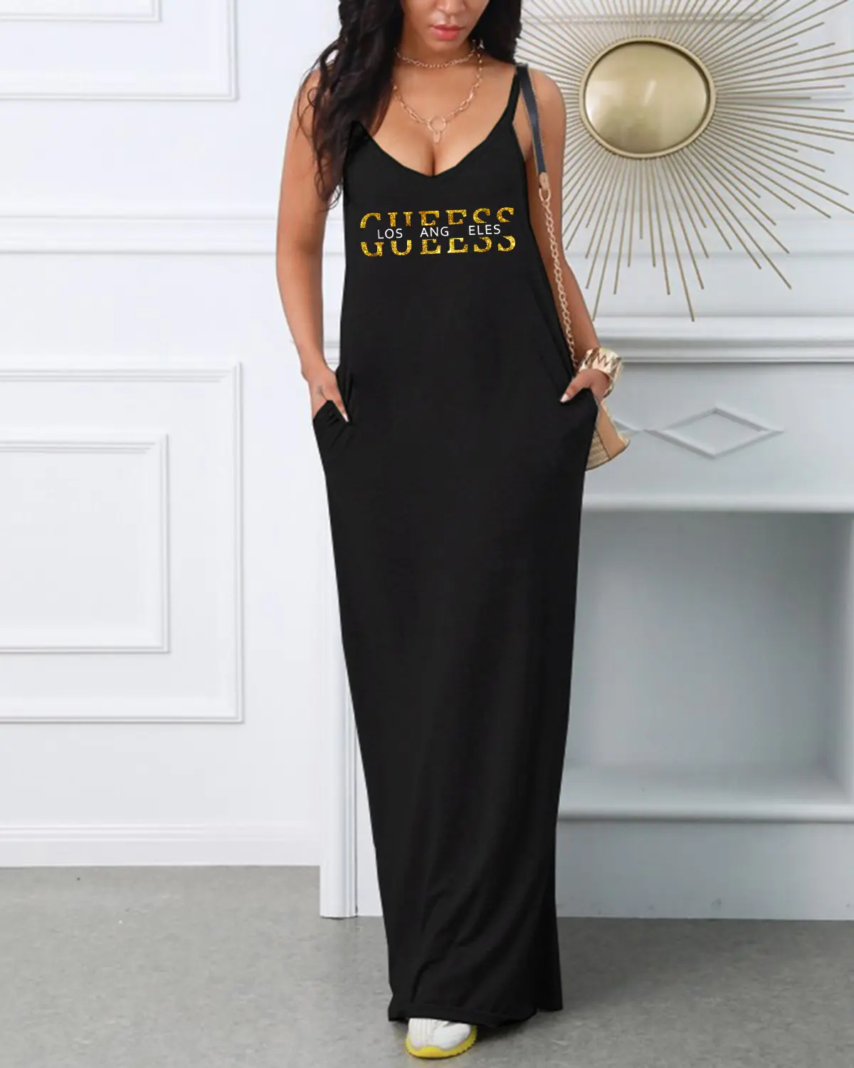 Women's GUEESS Los Angeles letter printed V-neck suspender sexy dress, comfortable, breathable, casual and fashionable dress