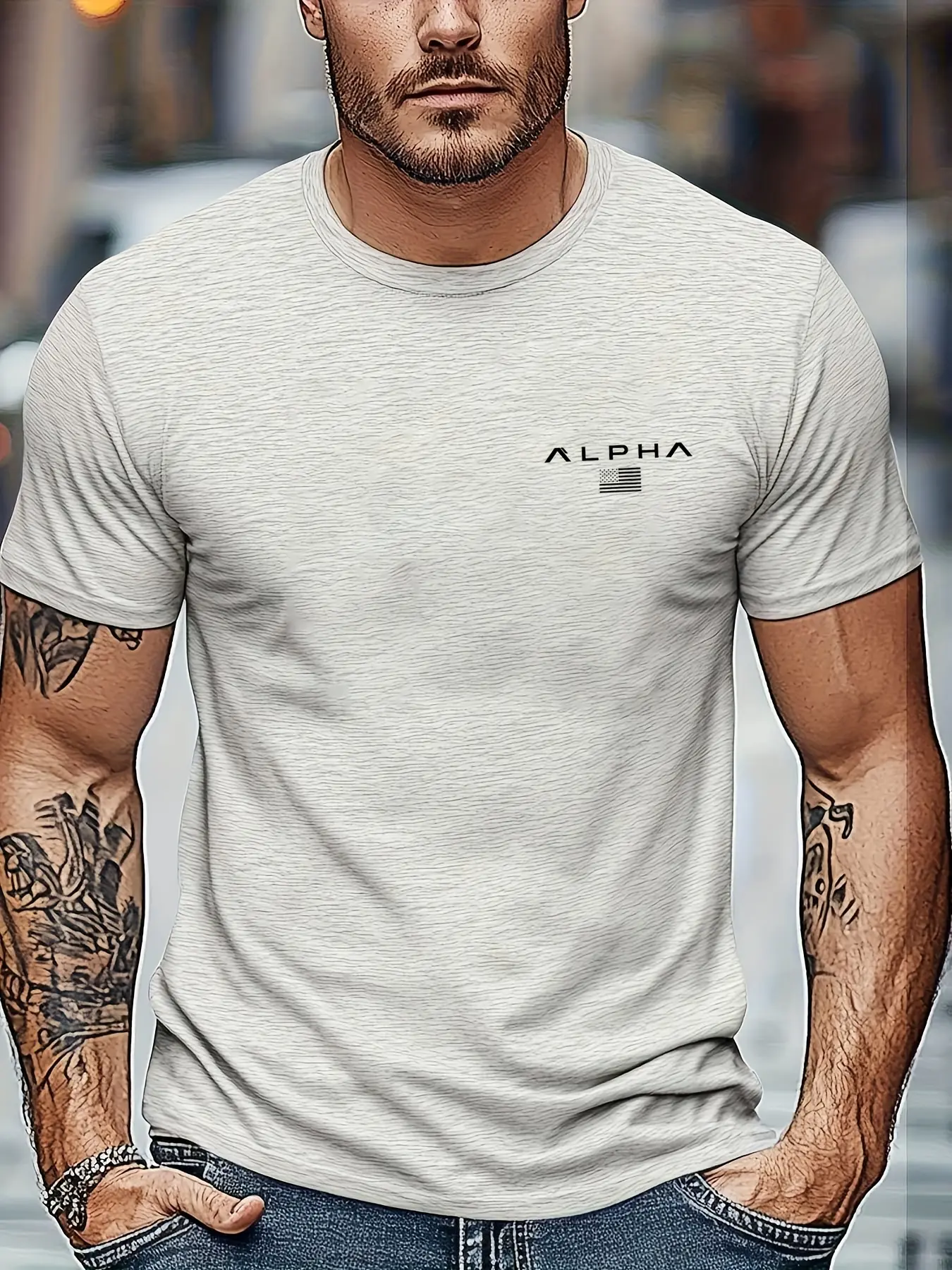 Men's Summer 100% Cotton Fashionable Casual Sports Loose Fashion ALPHA Pattern Printed Round Neck Short Sleeve T-shirt Top