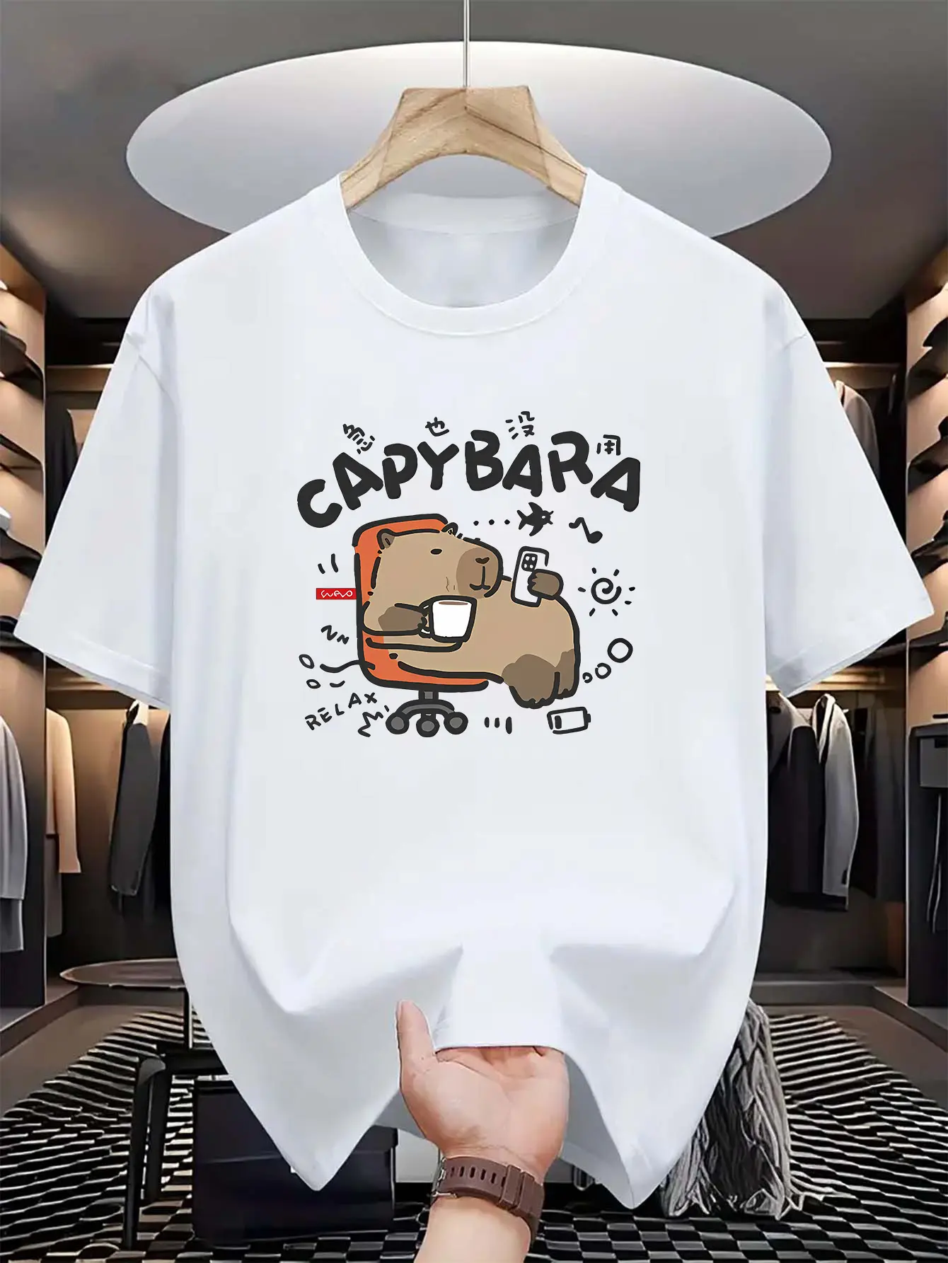 Men's summer 100% pure cotton fashionable casual loose sports cartoon pattern printed round neck short sleeved T-shirt top