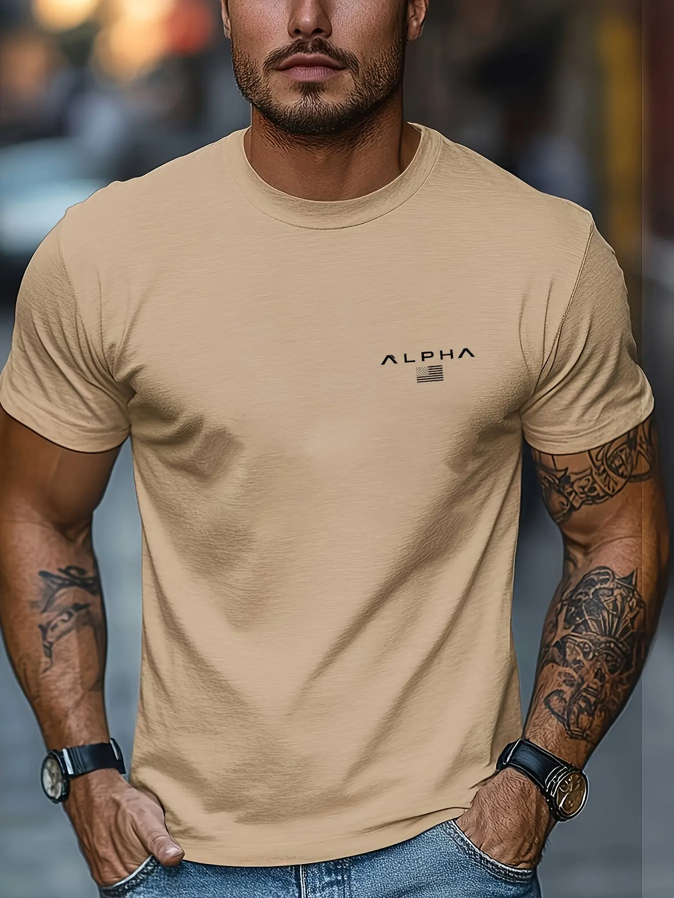 Men's Summer 100% Cotton Fashionable Casual Sports Loose Fashion ALPHA Pattern Printed Round Neck Short Sleeve T-shirt Top