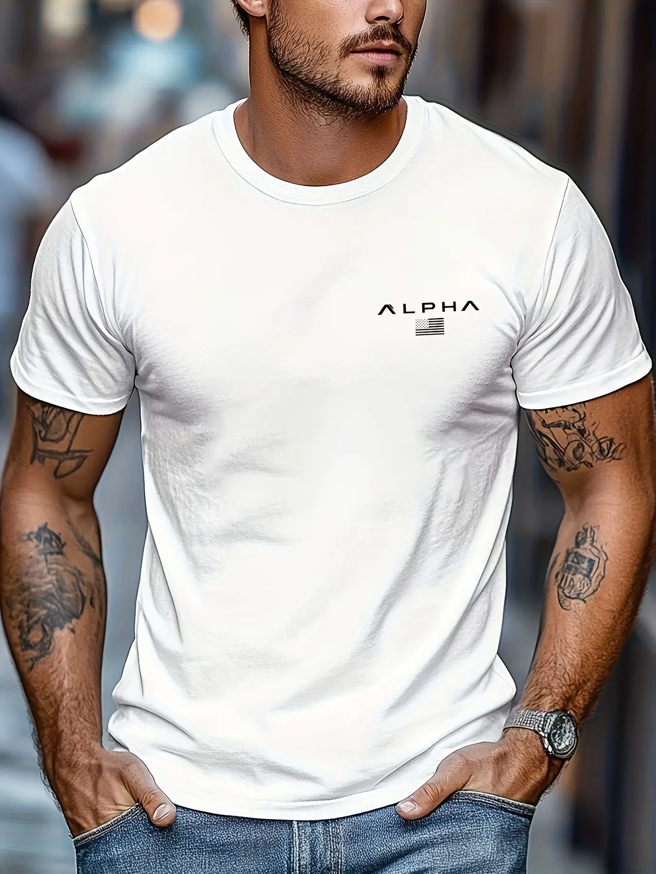 Men's Summer 100% Cotton Fashionable Casual Sports Loose Fashion ALPHA Pattern Printed Round Neck Short Sleeve T-shirt Top