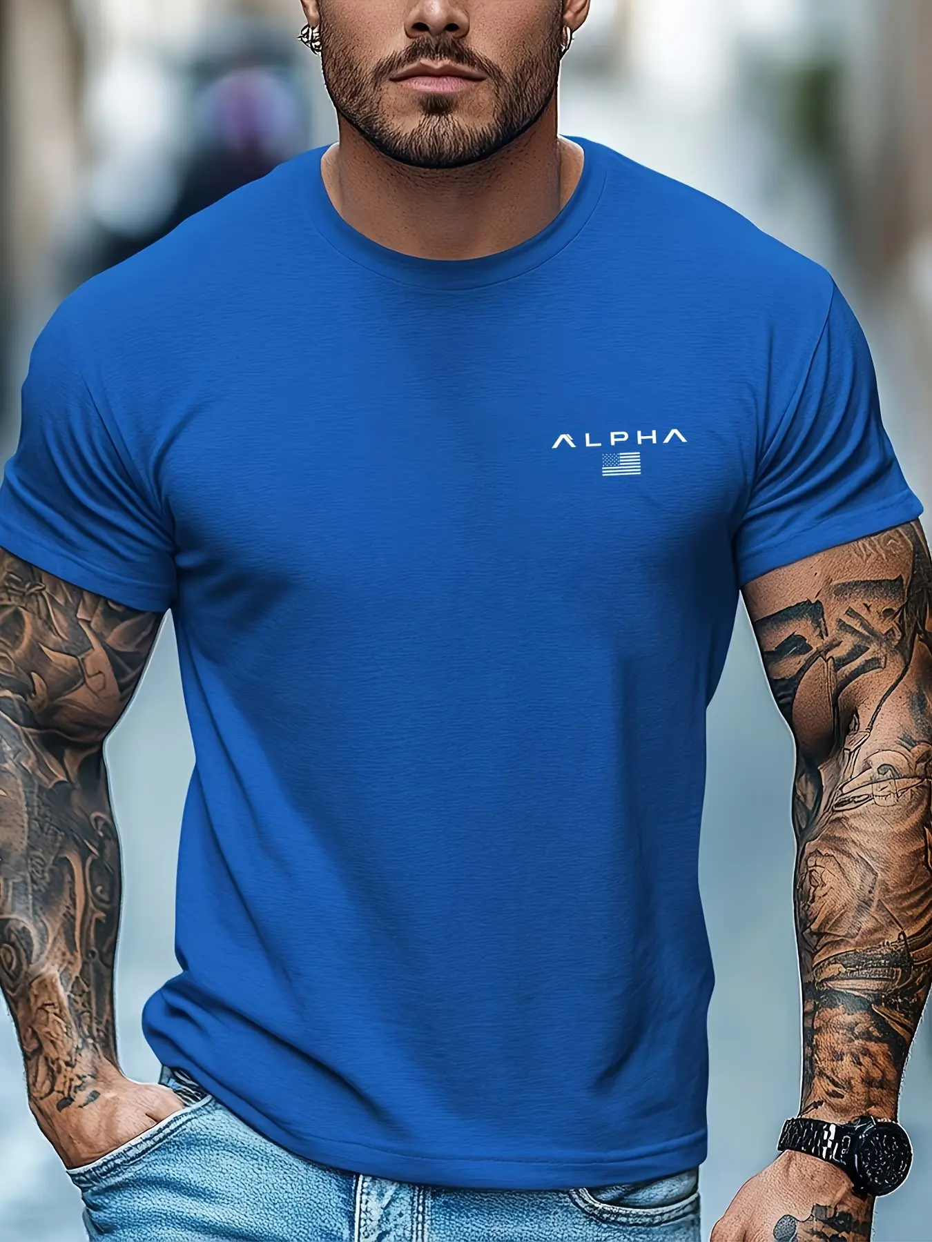 Men's Summer 100% Cotton Fashionable Casual Sports Loose Fashion ALPHA Pattern Printed Round Neck Short Sleeve T-shirt Top