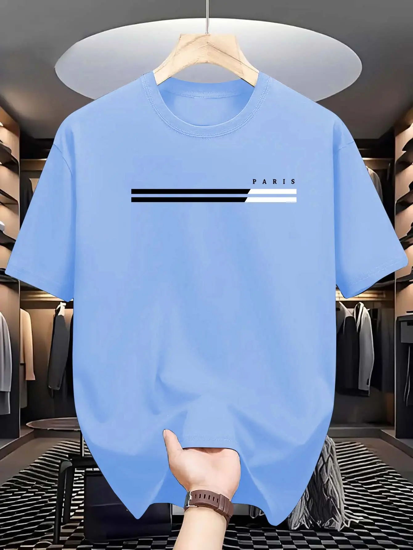 Men's 100% cotton summer loose size PARIS letter Graphic printed slim fit casual sports round neck short sleeved T-shirt top
