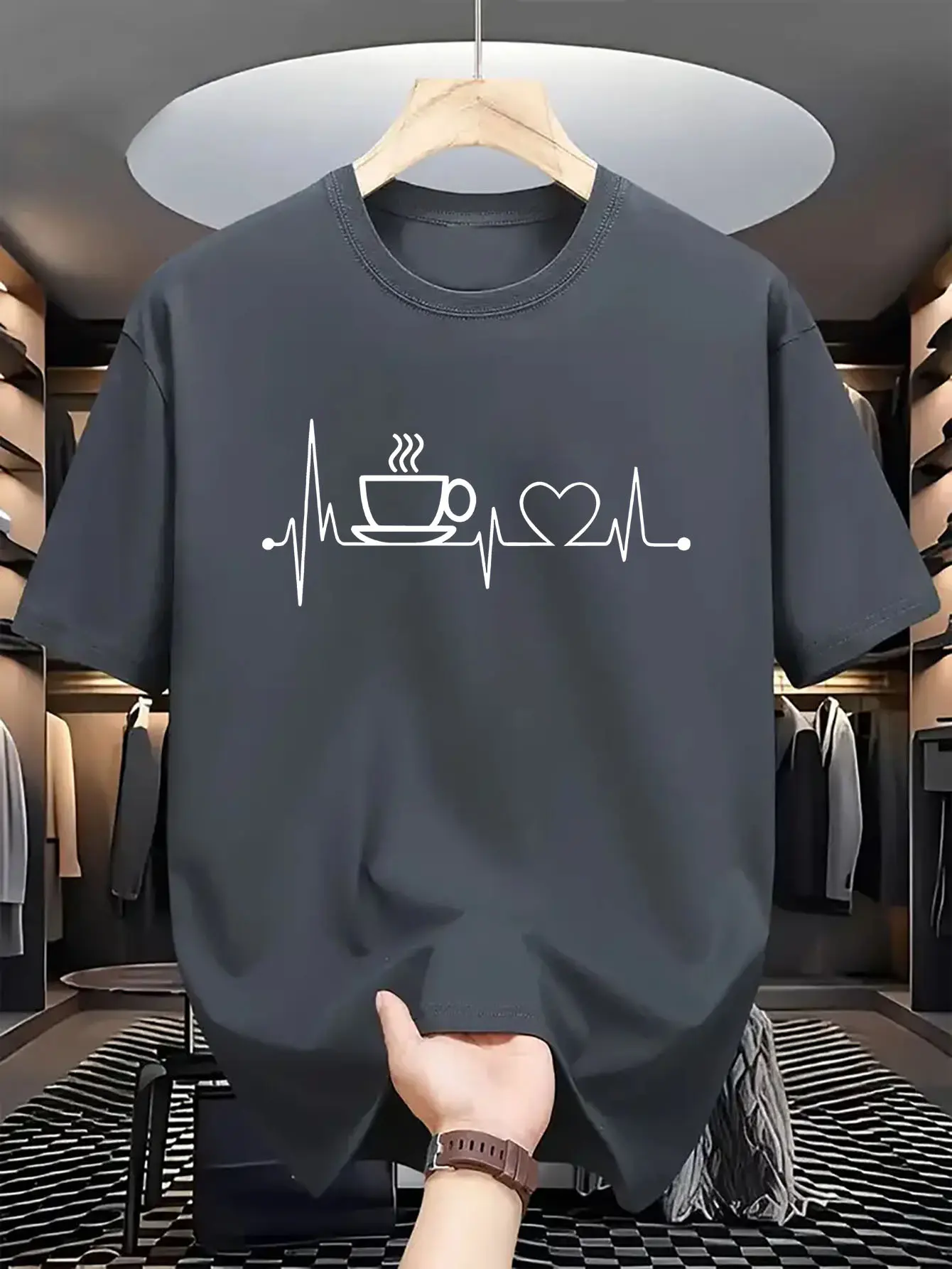 Men's Summer 100 Cotton Fashionable Casual Loose Large Size Coffee and Heartbeat Pattern Printed Round Neck Short Sleeve T-shirt