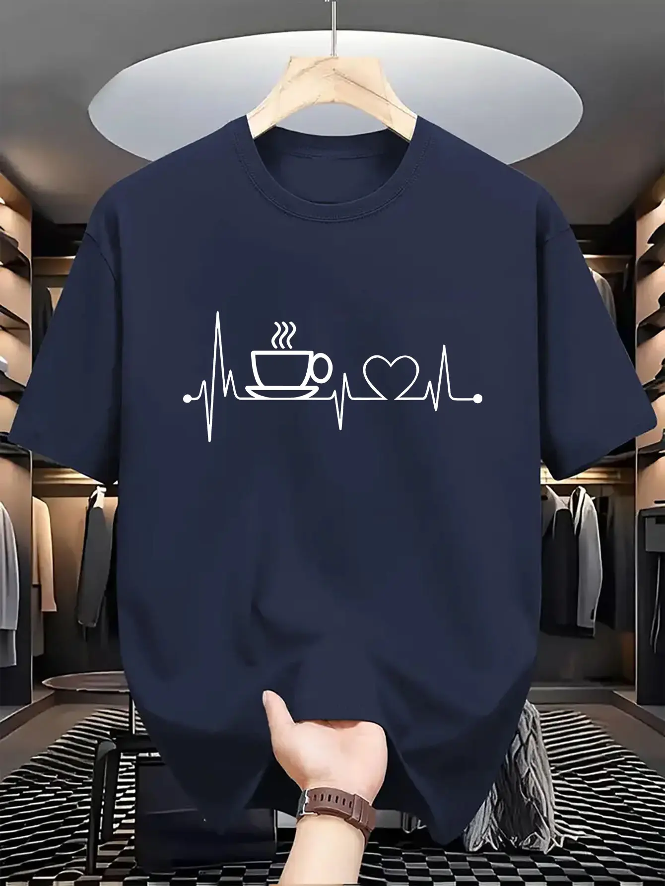 Men's Summer 100 Cotton Fashionable Casual Loose Large Size Coffee and Heartbeat Pattern Printed Round Neck Short Sleeve T-shirt