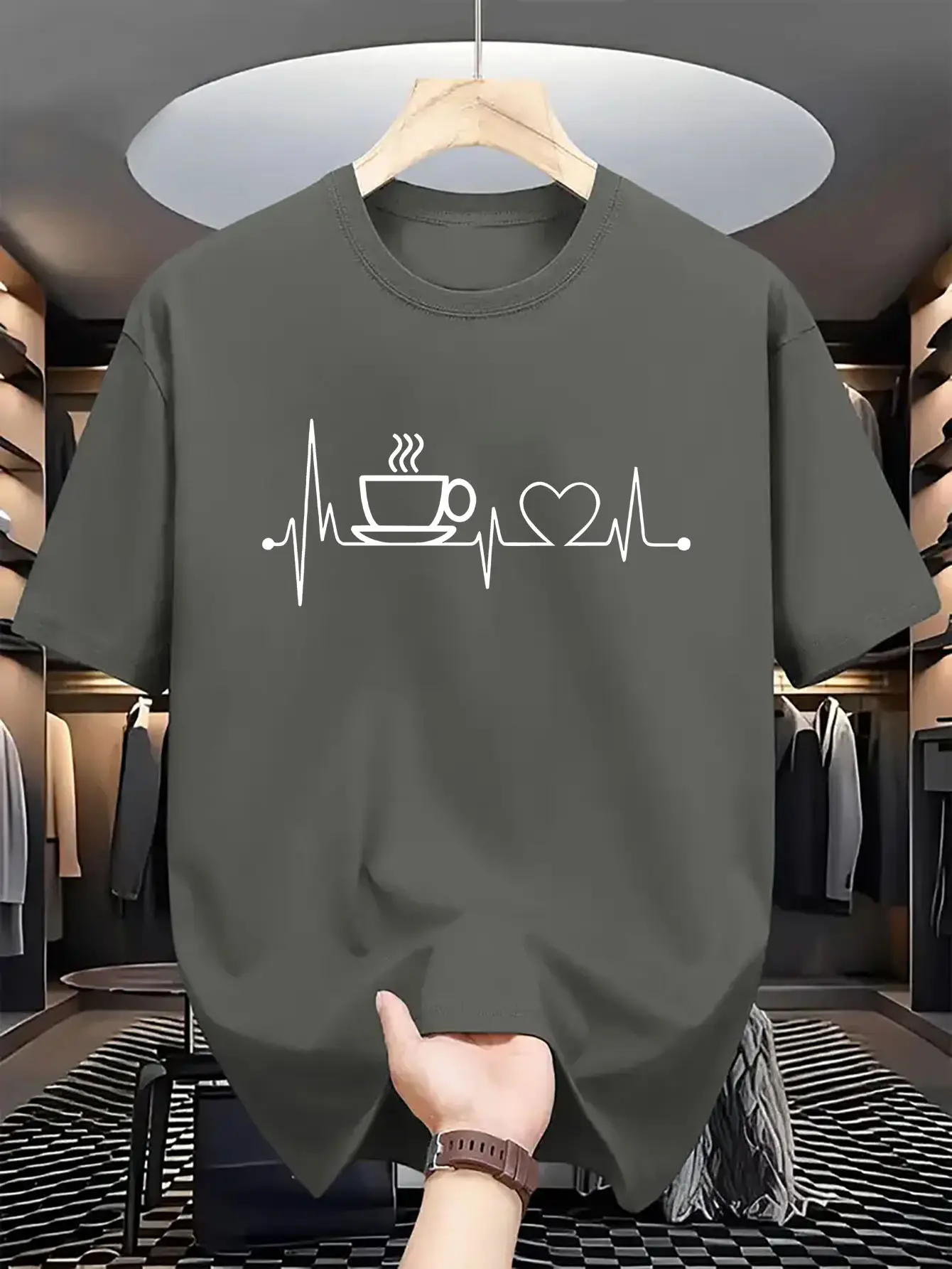 Men's Summer 100 Cotton Fashionable Casual Loose Large Size Coffee and Heartbeat Pattern Printed Round Neck Short Sleeve T-shirt