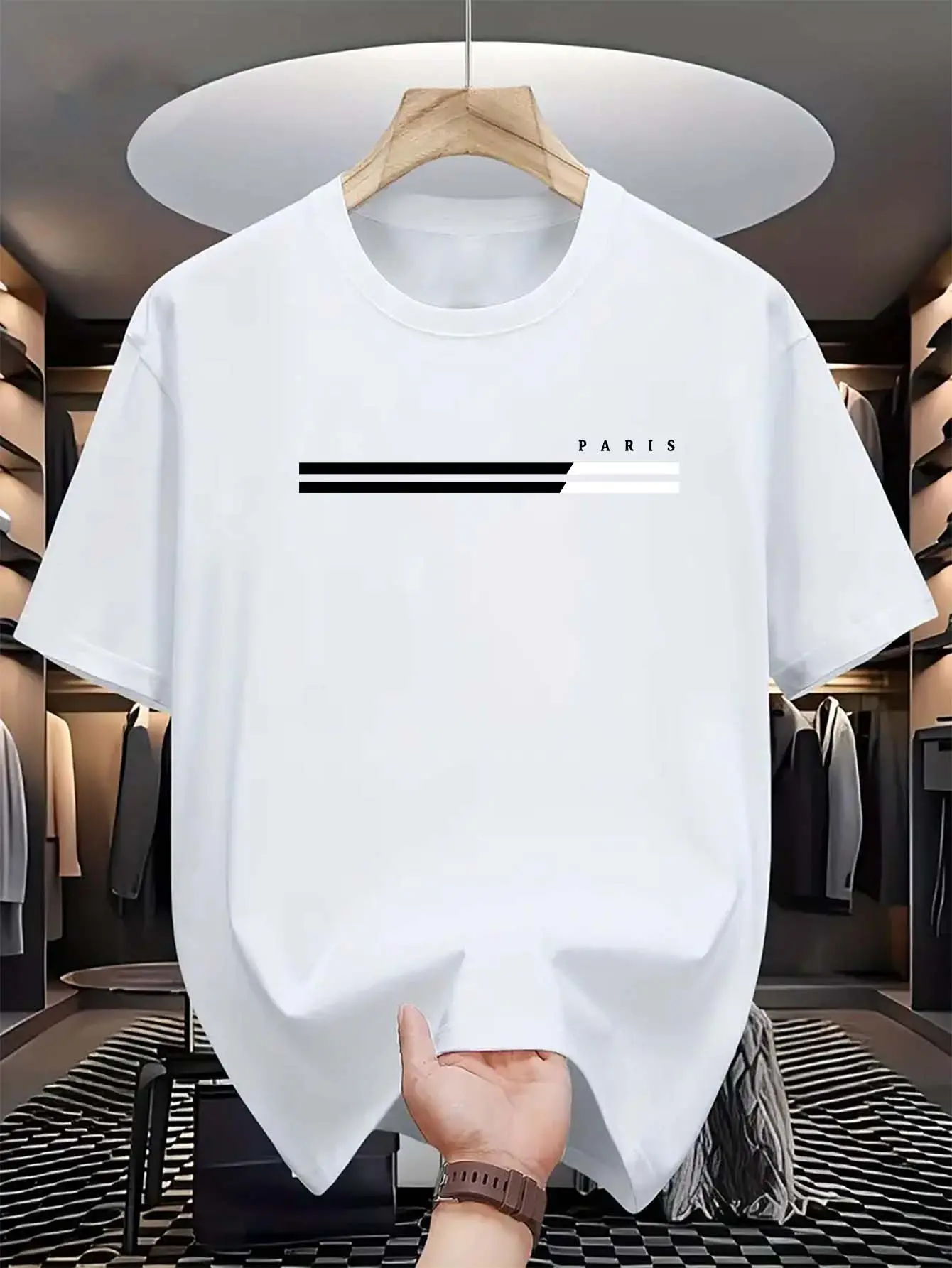 Men's 100% cotton summer loose size PARIS letter Graphic printed slim fit casual sports round neck short sleeved T-shirt top