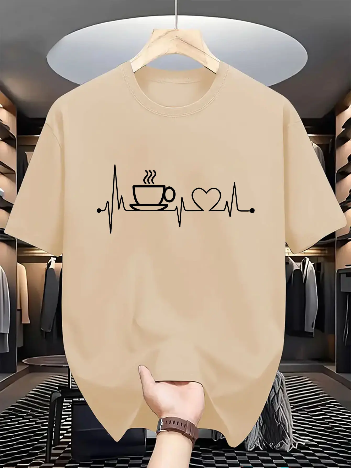 Men's Summer 100 Cotton Fashionable Casual Loose Large Size Coffee and Heartbeat Pattern Printed Round Neck Short Sleeve T-shirt