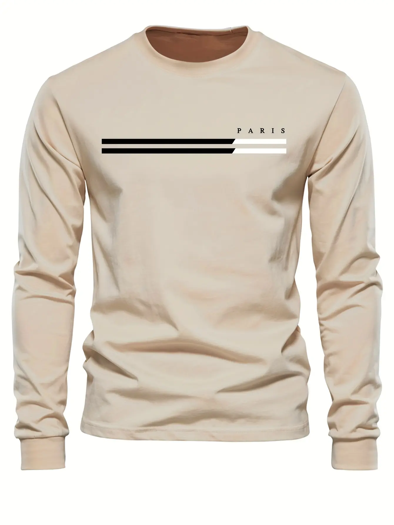 Men's 100% pure cotton summer loose comfortable casual  PARIS print large round neck long sleeve T-shirt top