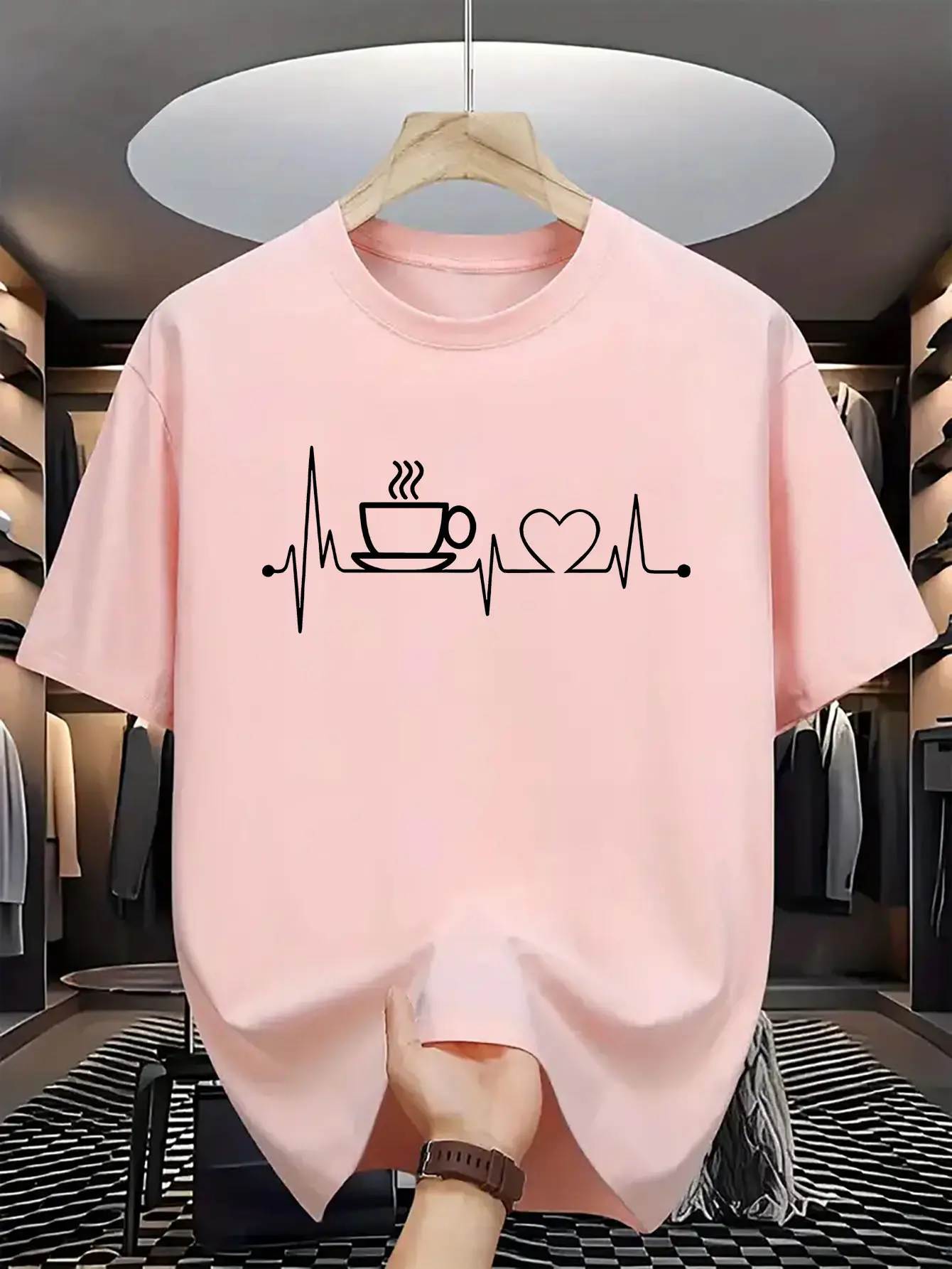 Men's Summer 100 Cotton Fashionable Casual Loose Large Size Coffee and Heartbeat Pattern Printed Round Neck Short Sleeve T-shirt