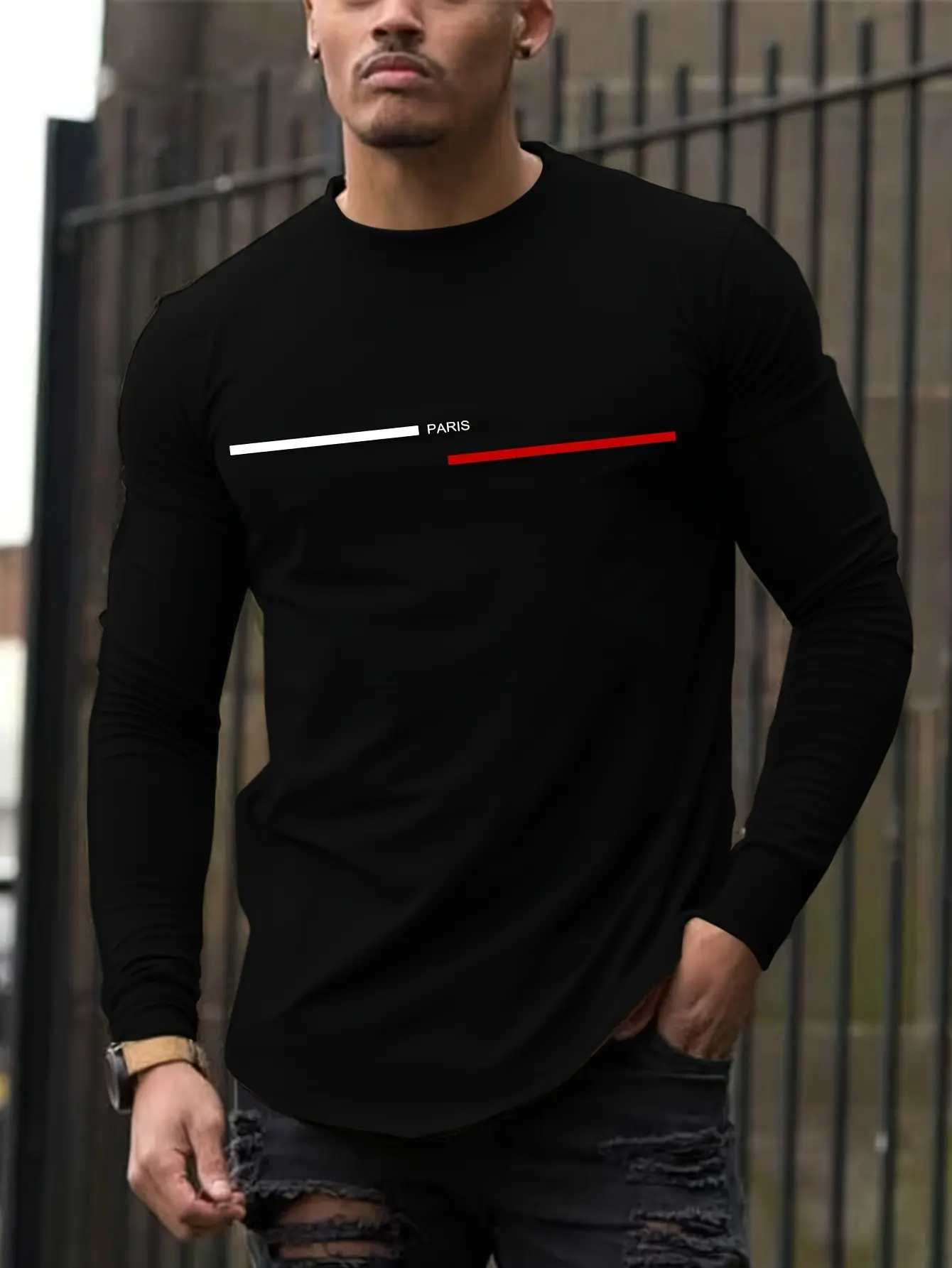 Men's 100% pure cotton summer loose comfortable casual  PARIS print large round neck long sleeve T-shirt top
