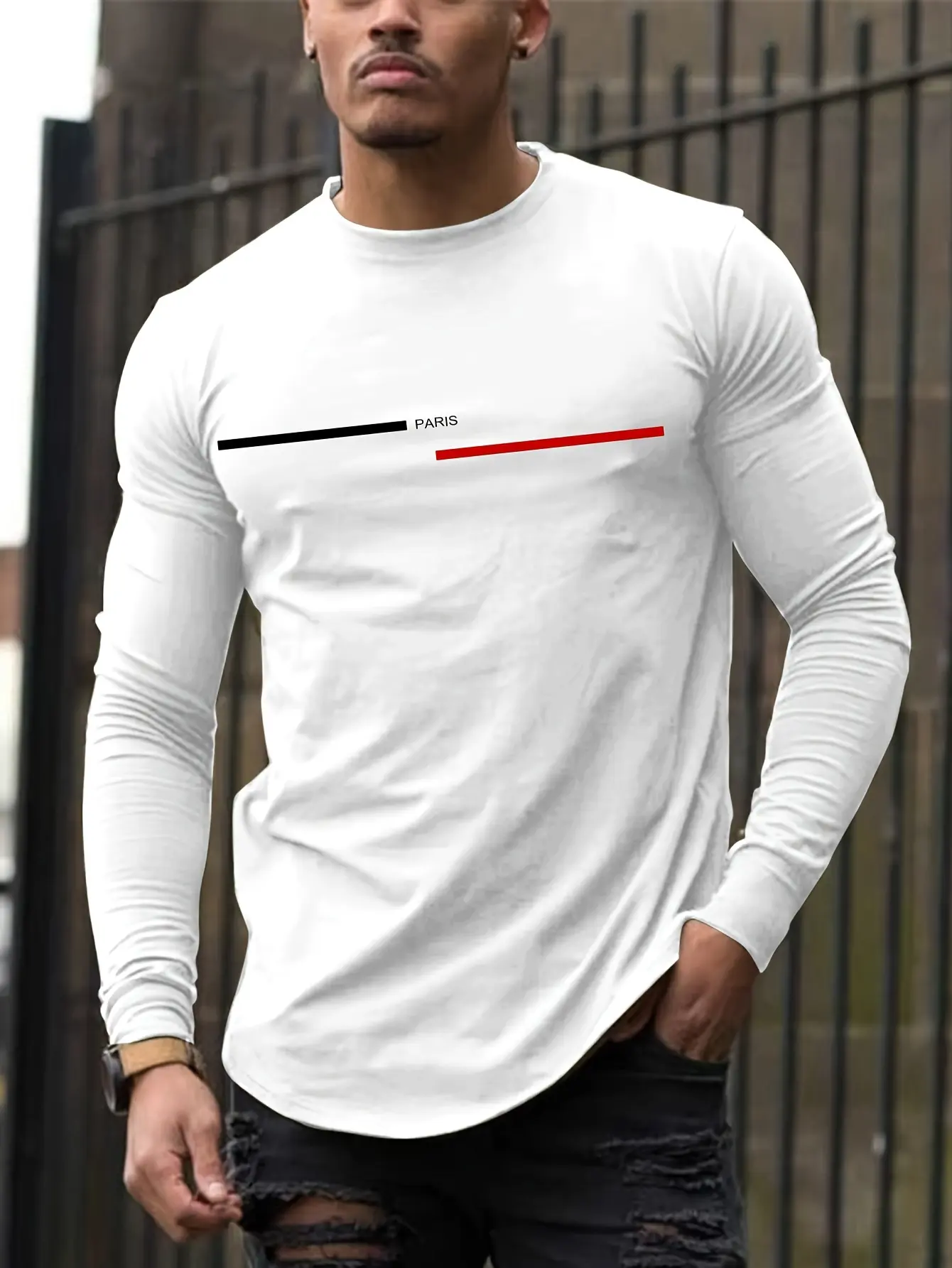 Men's 100% pure cotton summer loose comfortable casual  PARIS print large round neck long sleeve T-shirt top