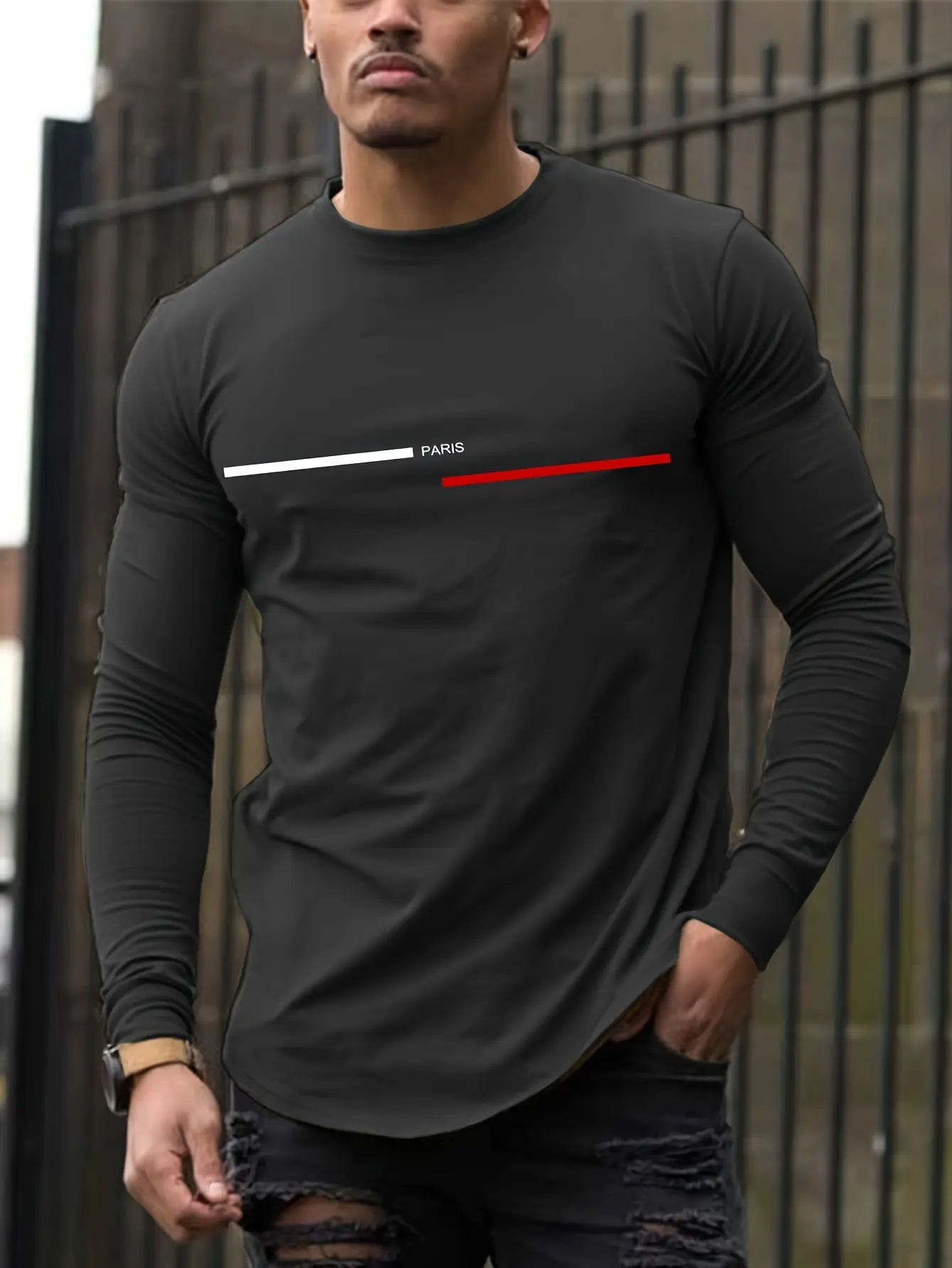 Men's 100% pure cotton summer loose comfortable casual  PARIS print large round neck long sleeve T-shirt top