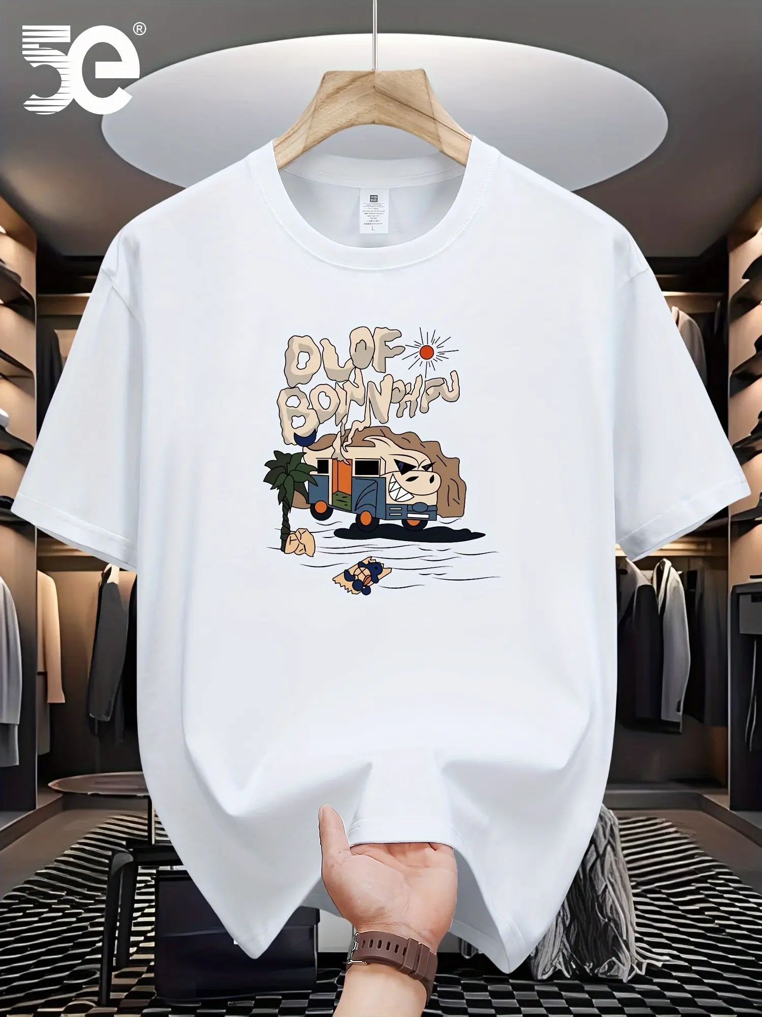 Men's 100% pure cotton summer loose size cartoon pattern printed casual and comfortable round neck short sleeved T-shirt top