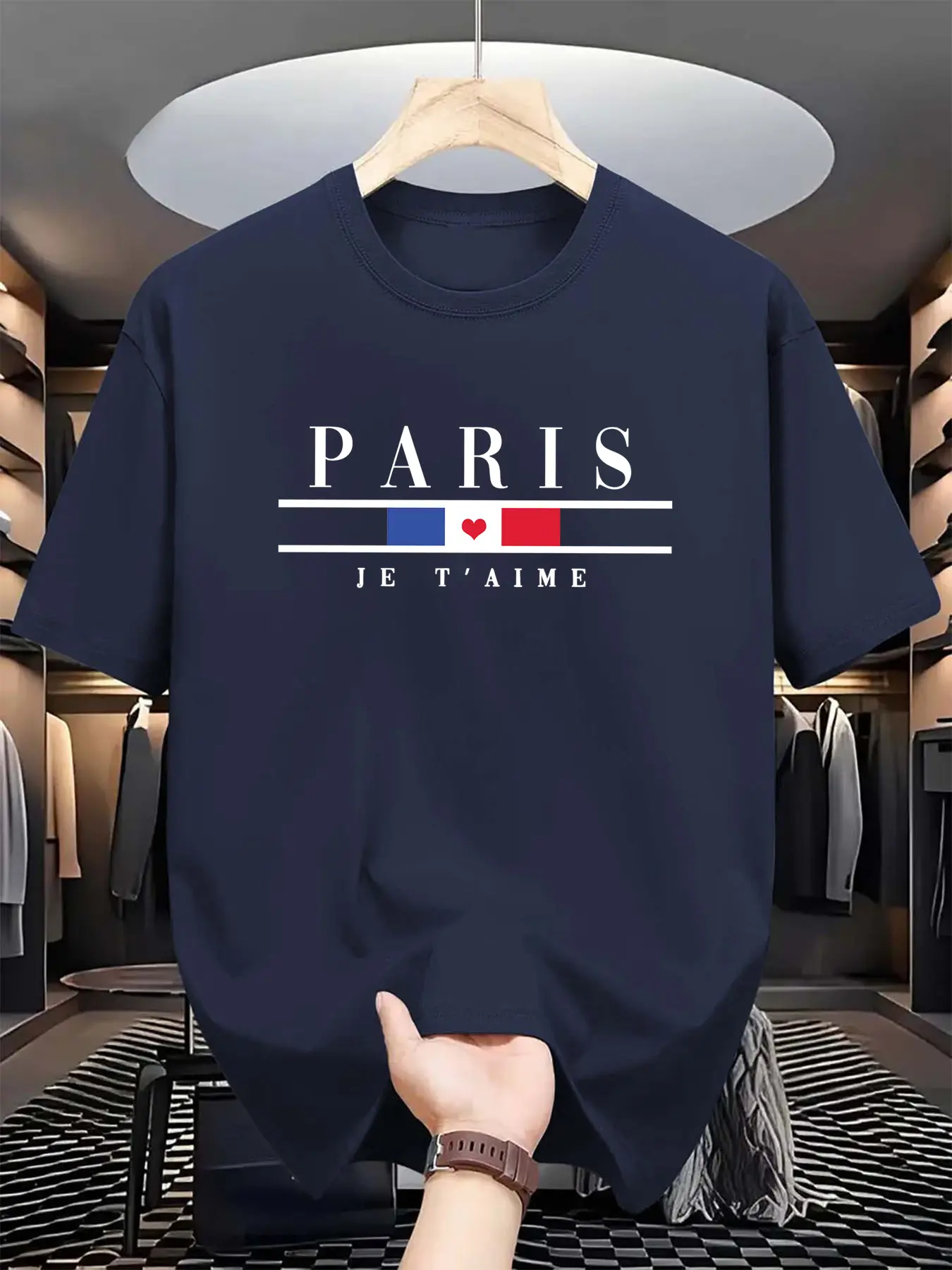 Men's summer 100% cotton fashionable casual loose plus size Paris letter printed sports round neck short sleeved T-shirt top