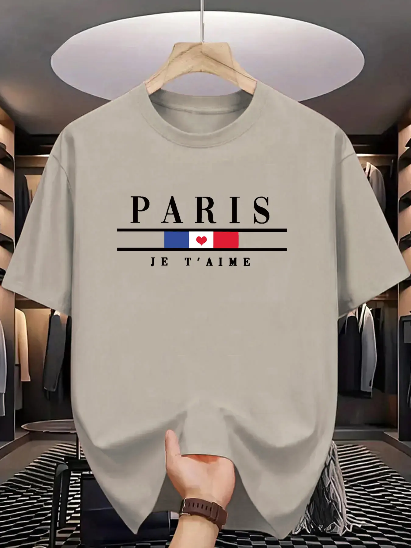 Men's summer 100% cotton fashionable casual loose plus size Paris letter printed sports round neck short sleeved T-shirt top