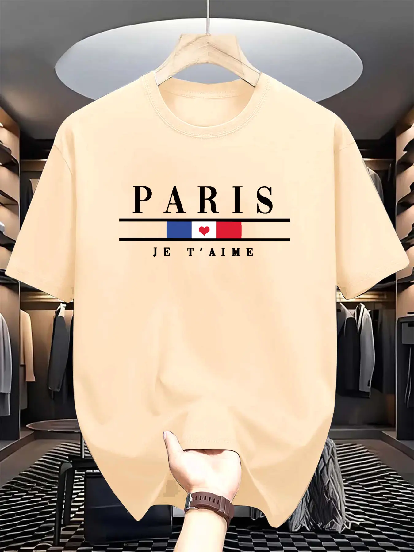 Men's summer 100% cotton fashionable casual loose plus size Paris letter printed sports round neck short sleeved T-shirt top