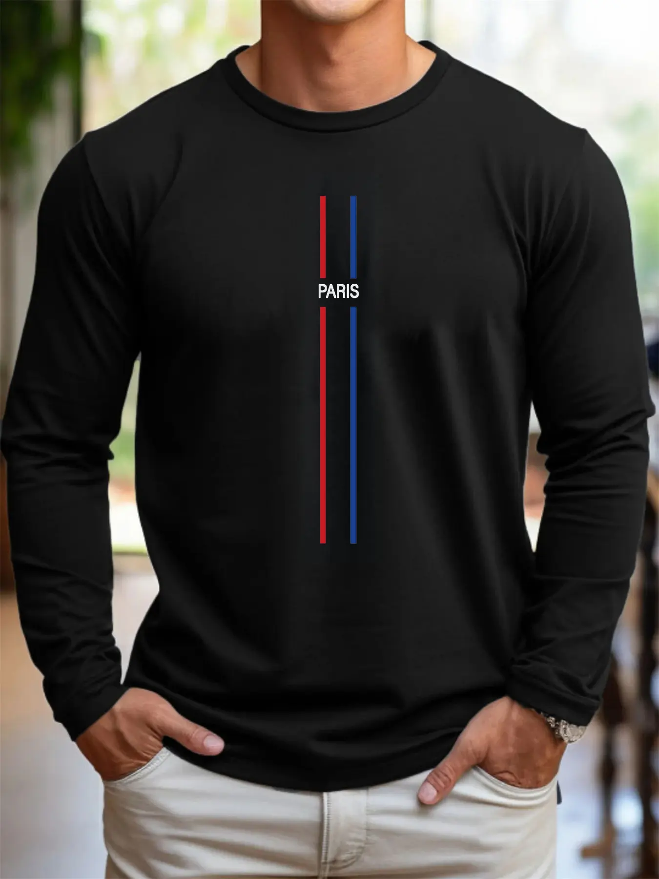 Men's 100% pure cotton loose fit comfortable sports and leisure Paris letter pattern printed round neck long sleeved T-shirt top