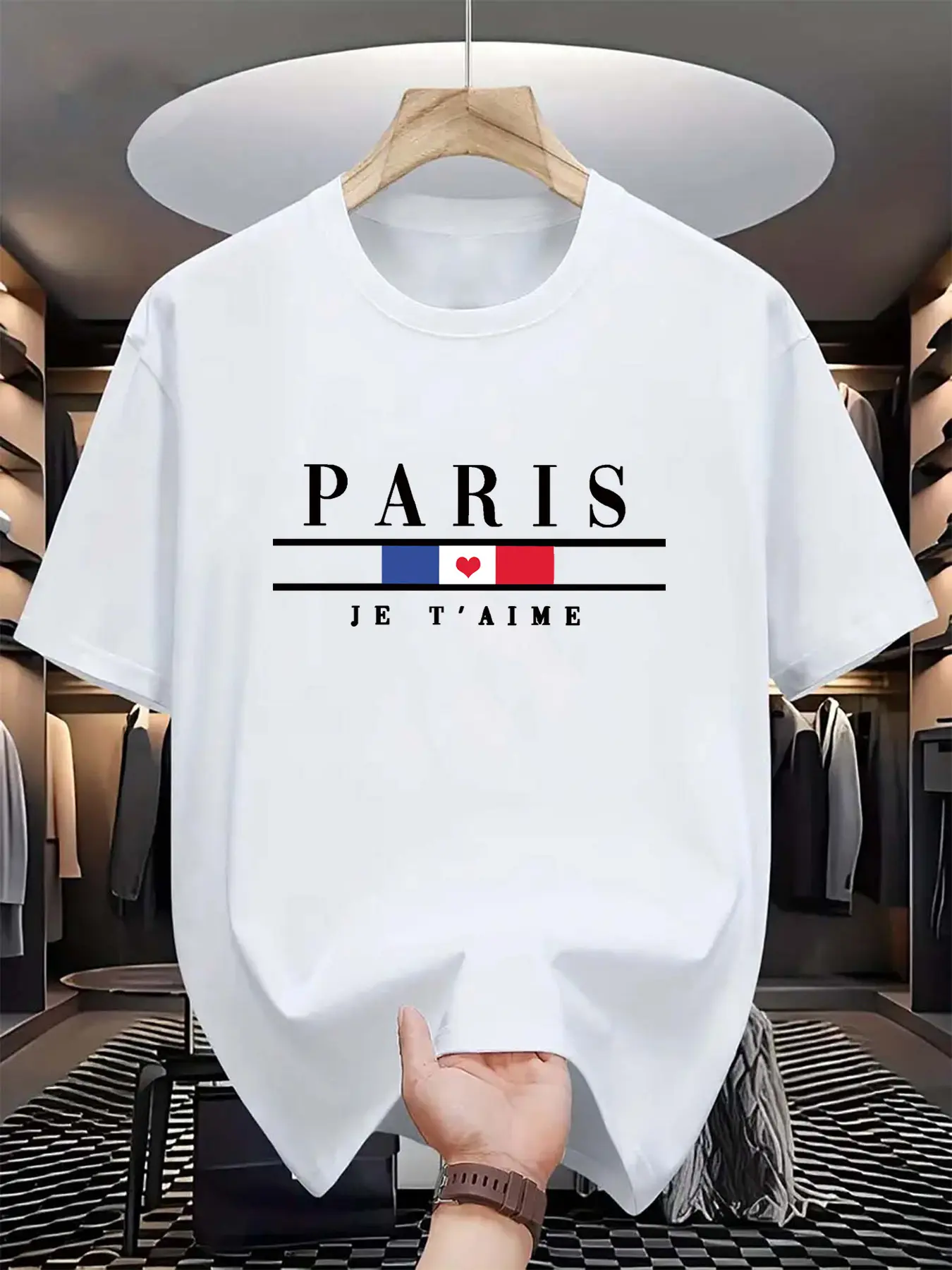 Men's summer 100% cotton fashionable casual loose plus size Paris letter printed sports round neck short sleeved T-shirt top