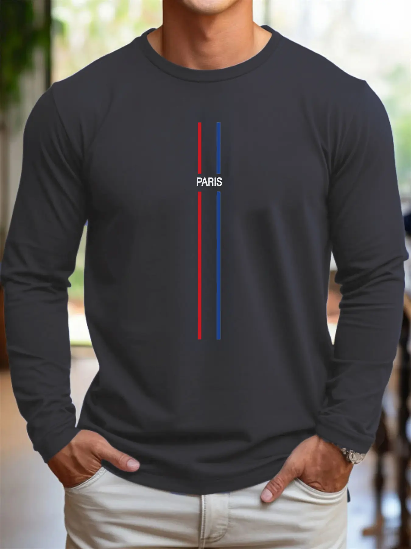 Men's 100% pure cotton loose fit comfortable sports and leisure Paris letter pattern printed round neck long sleeved T-shirt top