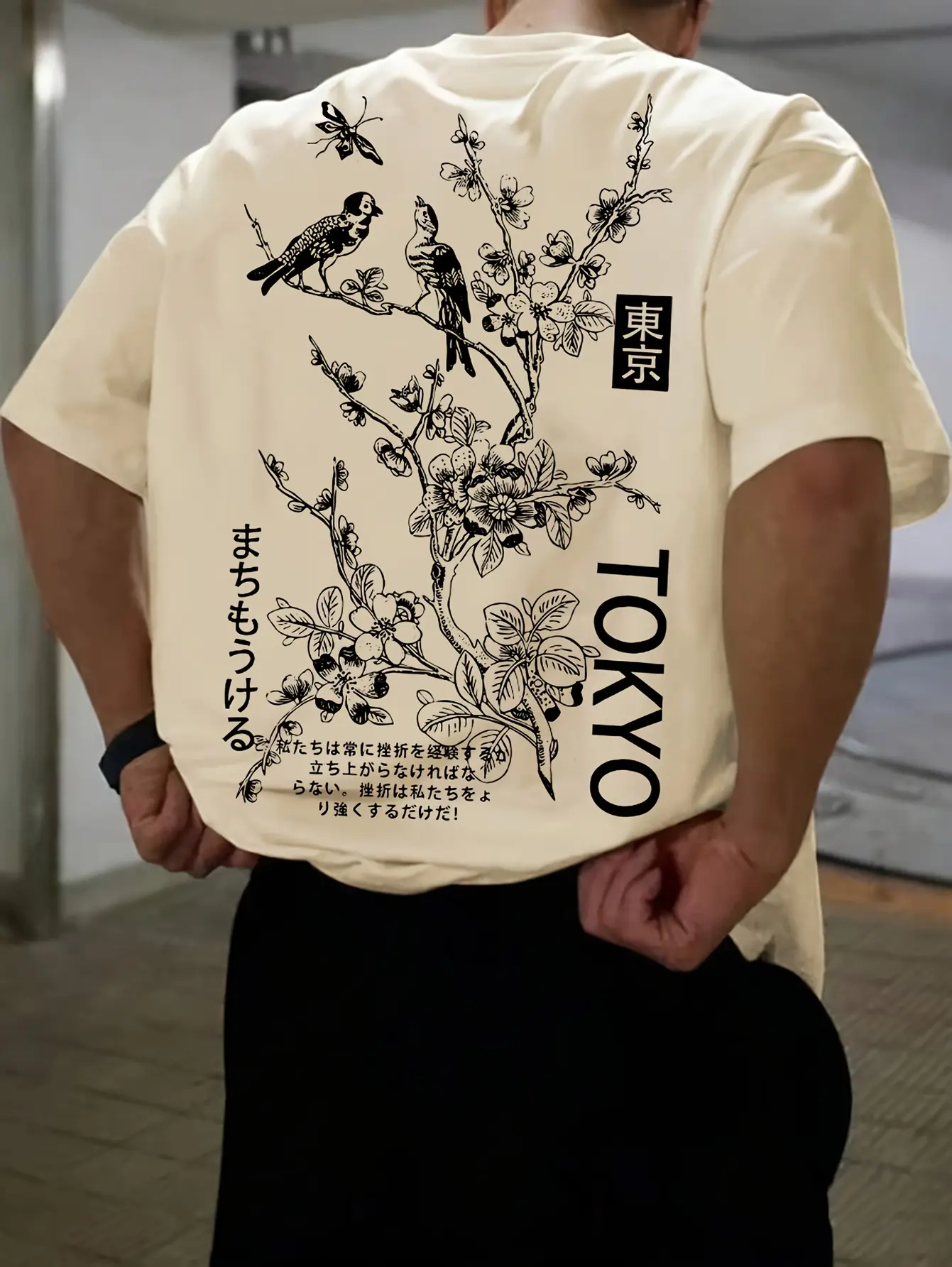 Men's summer 100% pure cotton fashionable casual sports loose flower and bird pattern printed round neck short sleeved T-shirt