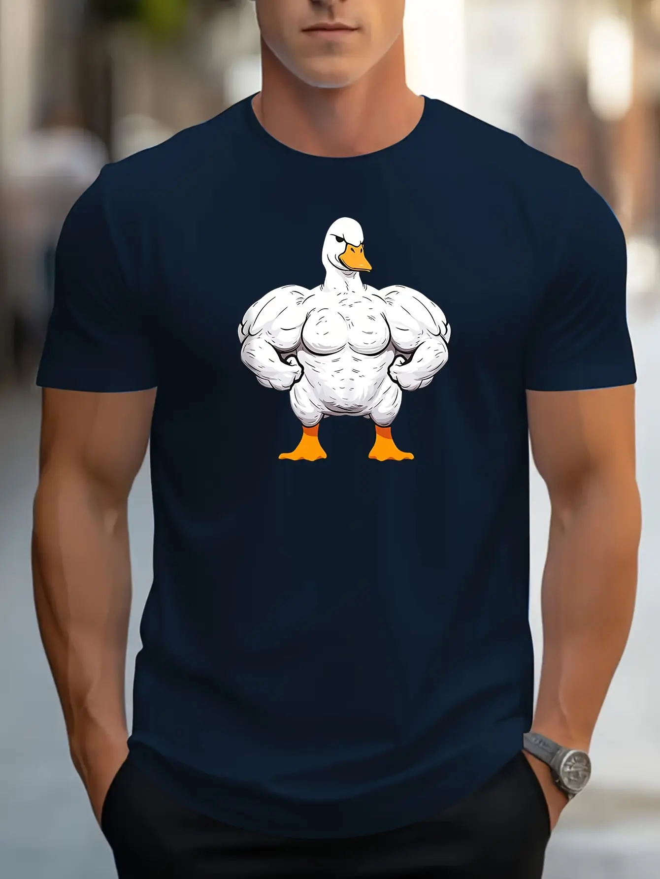 Men's Summer 100 Cotton Fashionable Casual Loose Large Cartoon Muscle Duck Pattern Round Neck Short Sleeve T-shirt Top