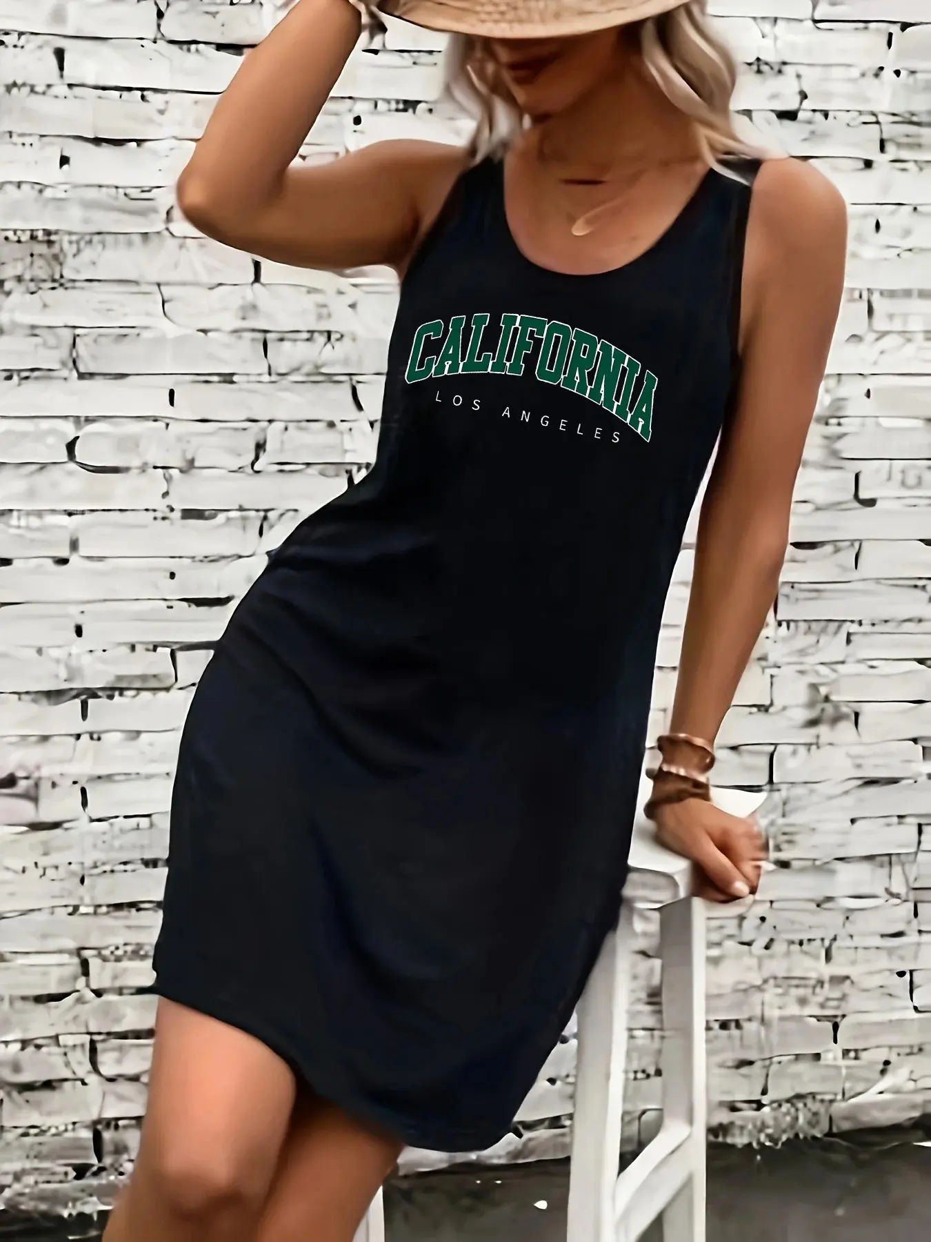 Women's summer loose and comfortable casual California Los Angeles letter printed black sleeveless vest dress punk style dress