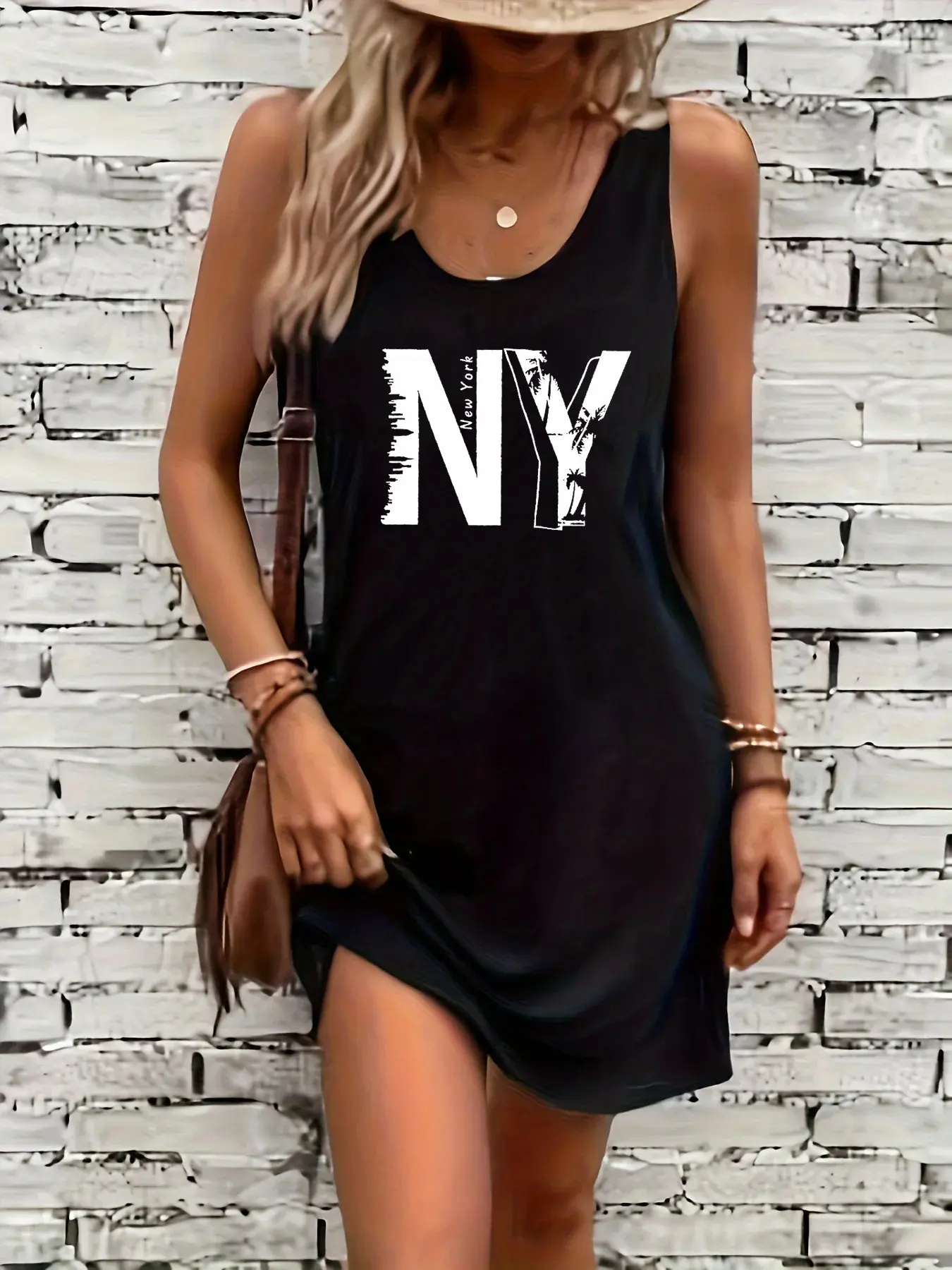 Women's summer loose and comfortable casual California Los Angeles letter printed black sleeveless vest dress punk style dress