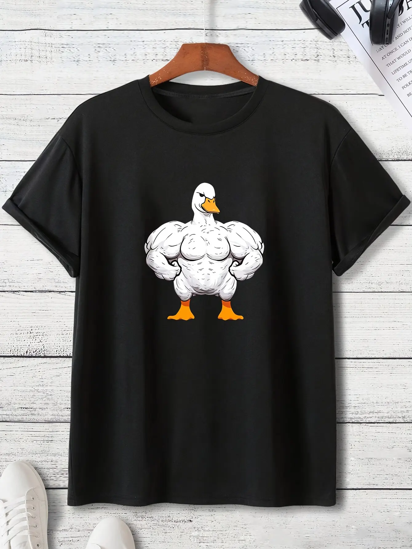 Men's Summer 100 Cotton Fashionable Casual Loose Large Cartoon Muscle Duck Pattern Round Neck Short Sleeve T-shirt Top