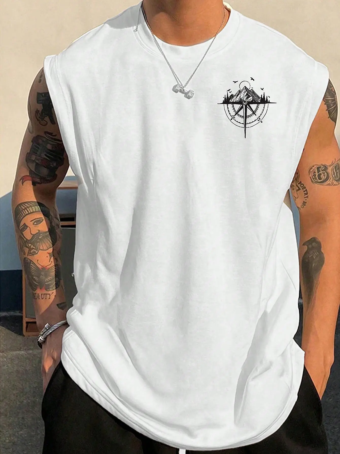 Men's fashionable casual sports loose compass and mountain pattern print comfortable and breathable round neck sleeveless vest