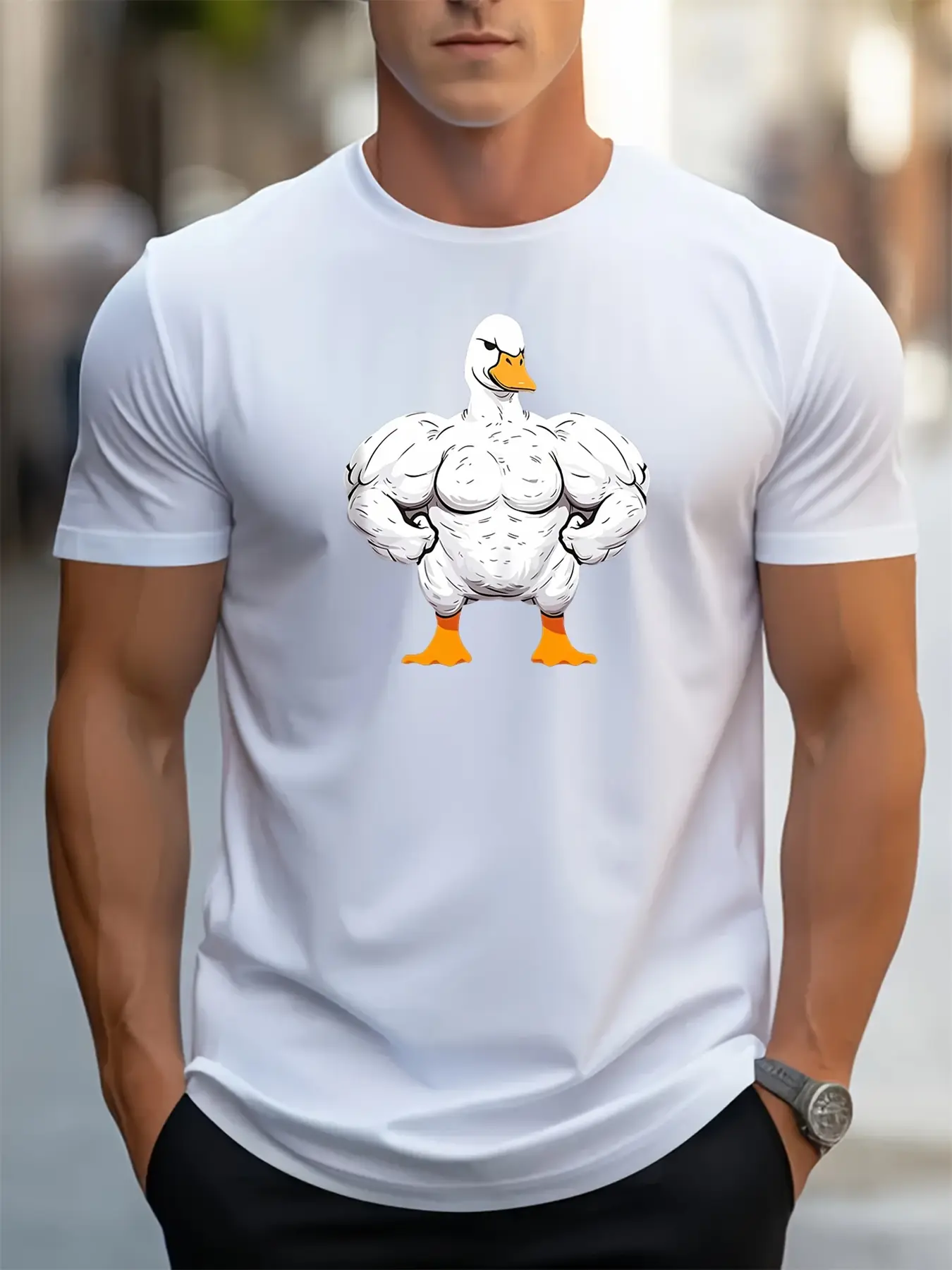 Men's Summer 100 Cotton Fashionable Casual Loose Large Cartoon Muscle Duck Pattern Round Neck Short Sleeve T-shirt Top
