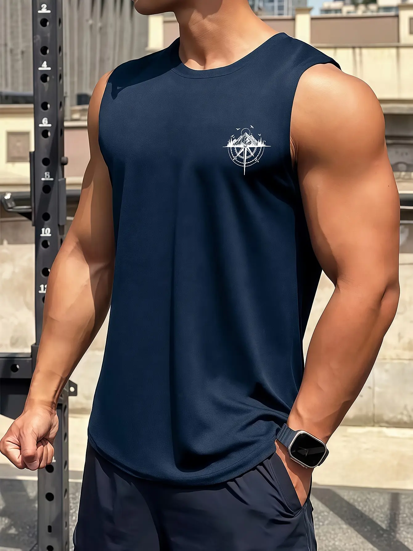 Men's fashionable casual sports loose compass and mountain pattern print comfortable and breathable round neck sleeveless vest