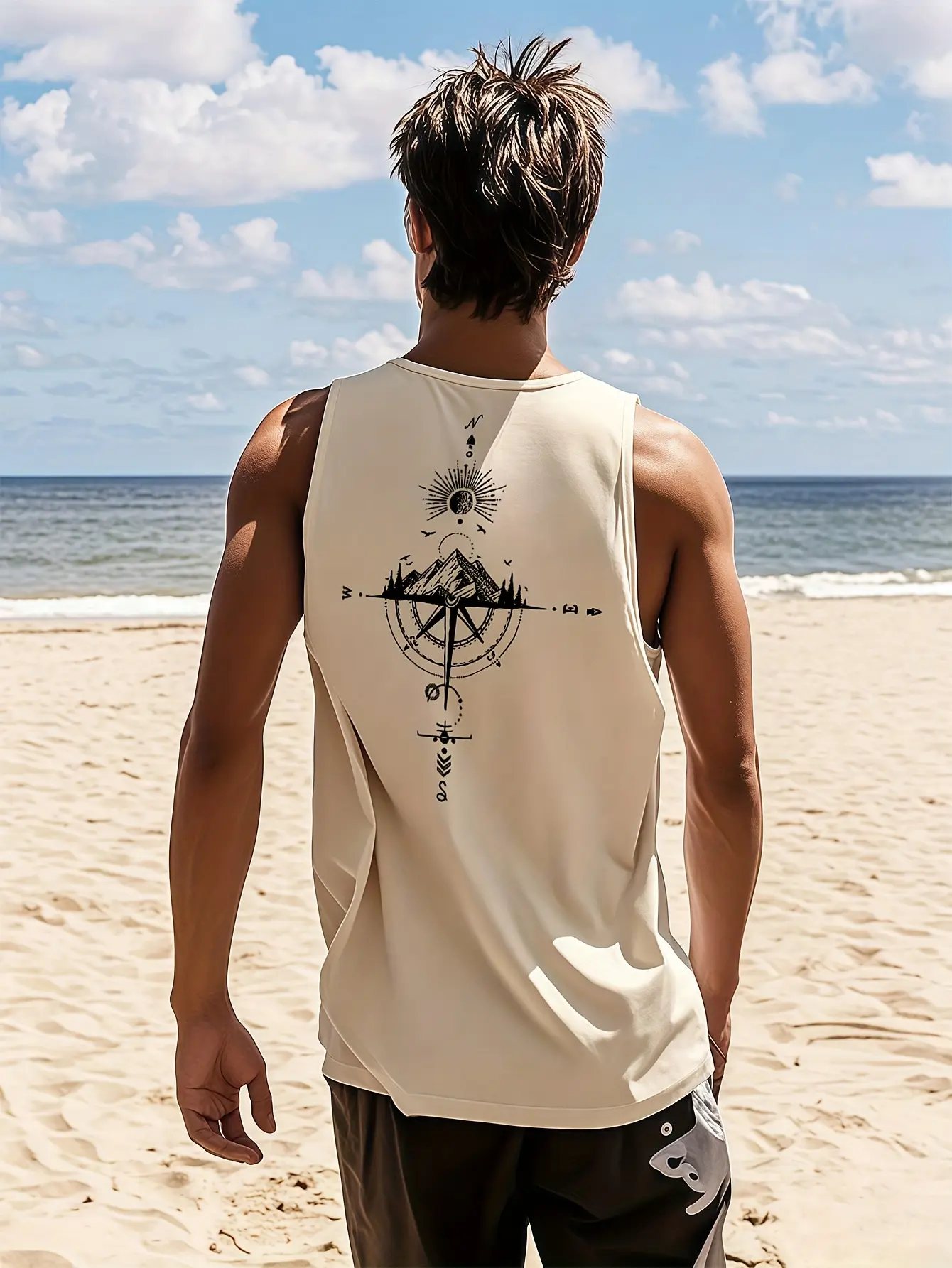 Men's fashionable casual sports loose compass and mountain pattern print comfortable and breathable round neck sleeveless vest