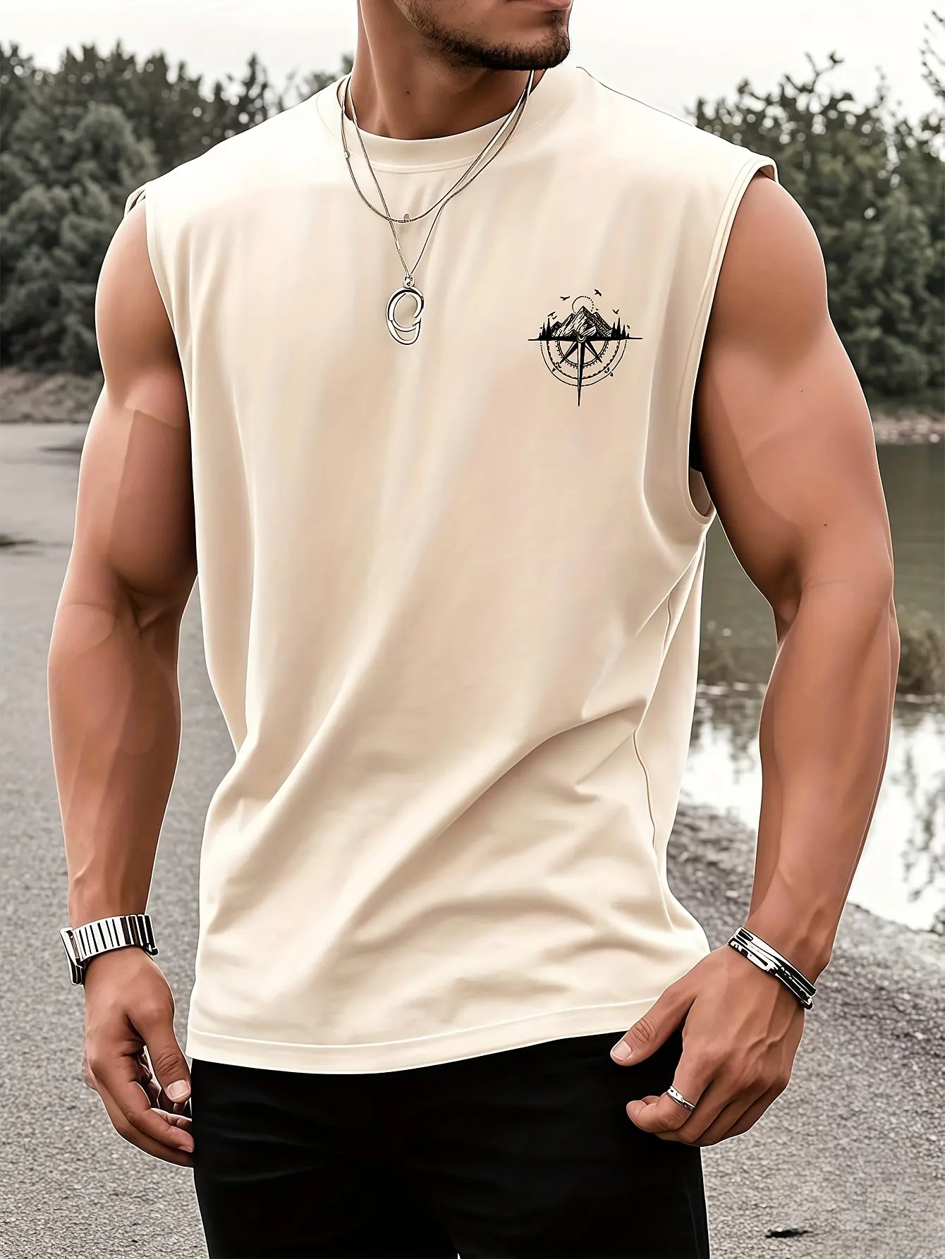 Men's fashionable casual sports loose compass and mountain pattern print comfortable and breathable round neck sleeveless vest