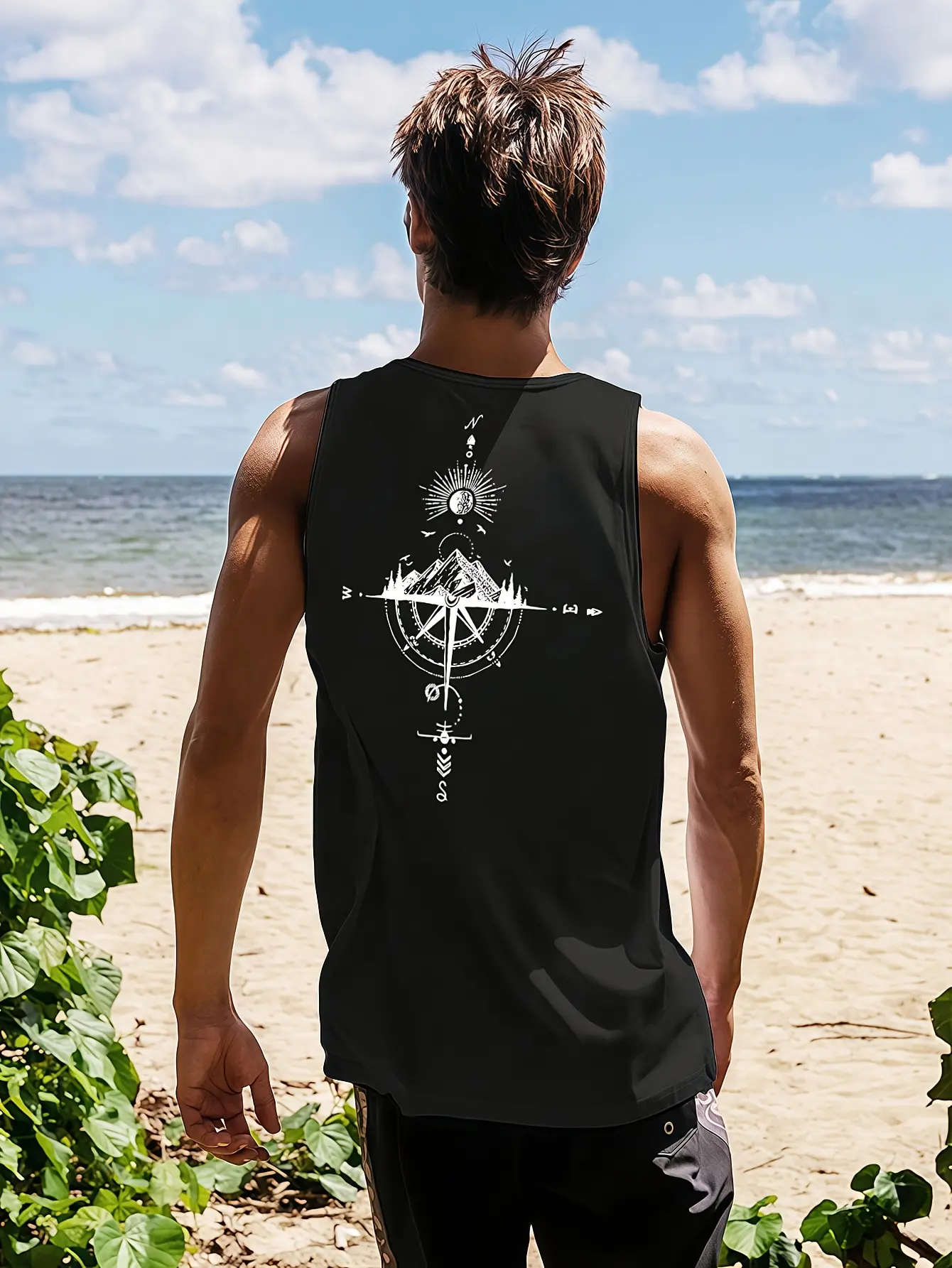 Men's fashionable casual sports loose compass and mountain pattern print comfortable and breathable round neck sleeveless vest