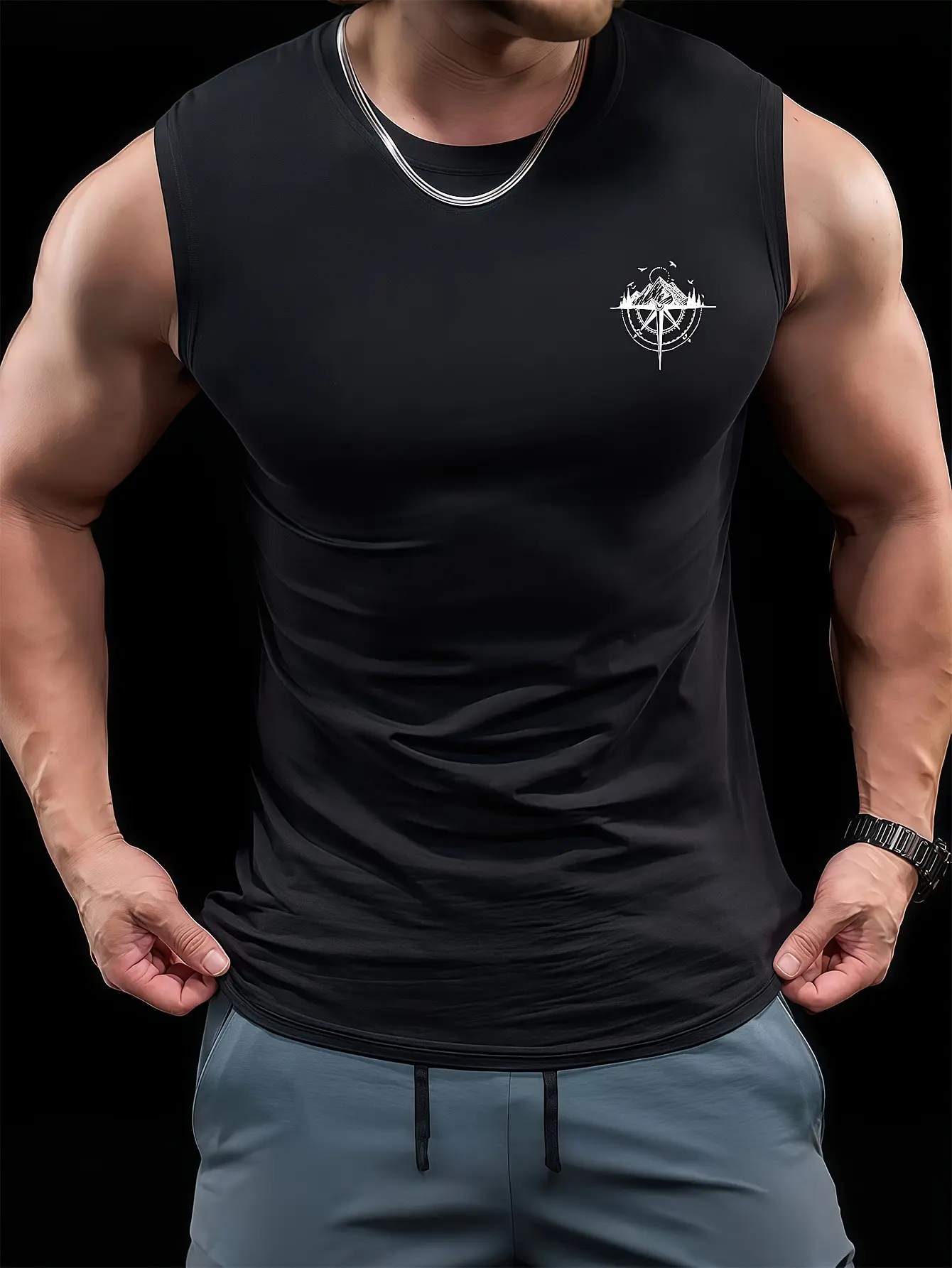 Men's fashionable casual sports loose compass and mountain pattern print comfortable and breathable round neck sleeveless vest
