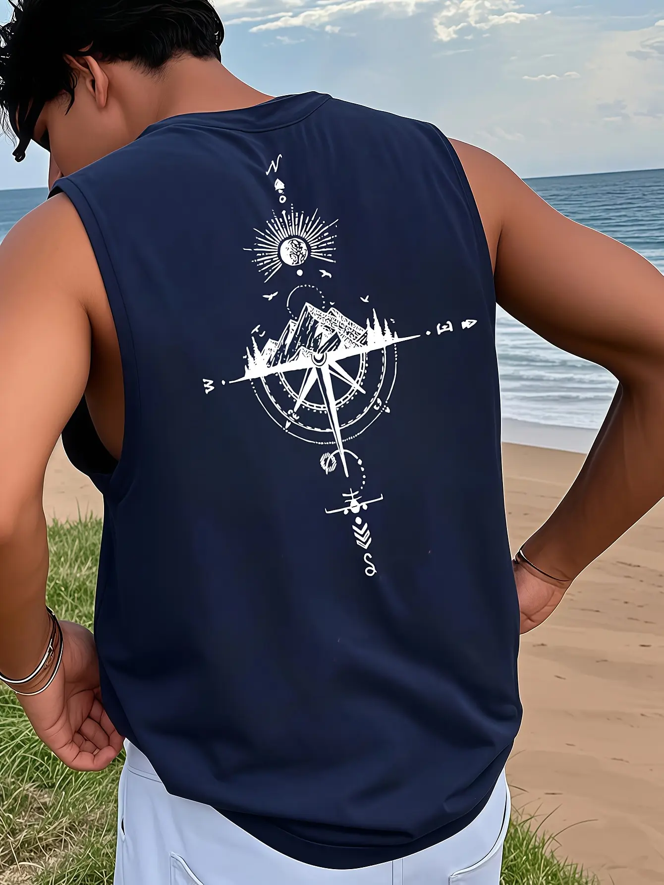 Men's fashionable casual sports loose compass and mountain pattern print comfortable and breathable round neck sleeveless vest