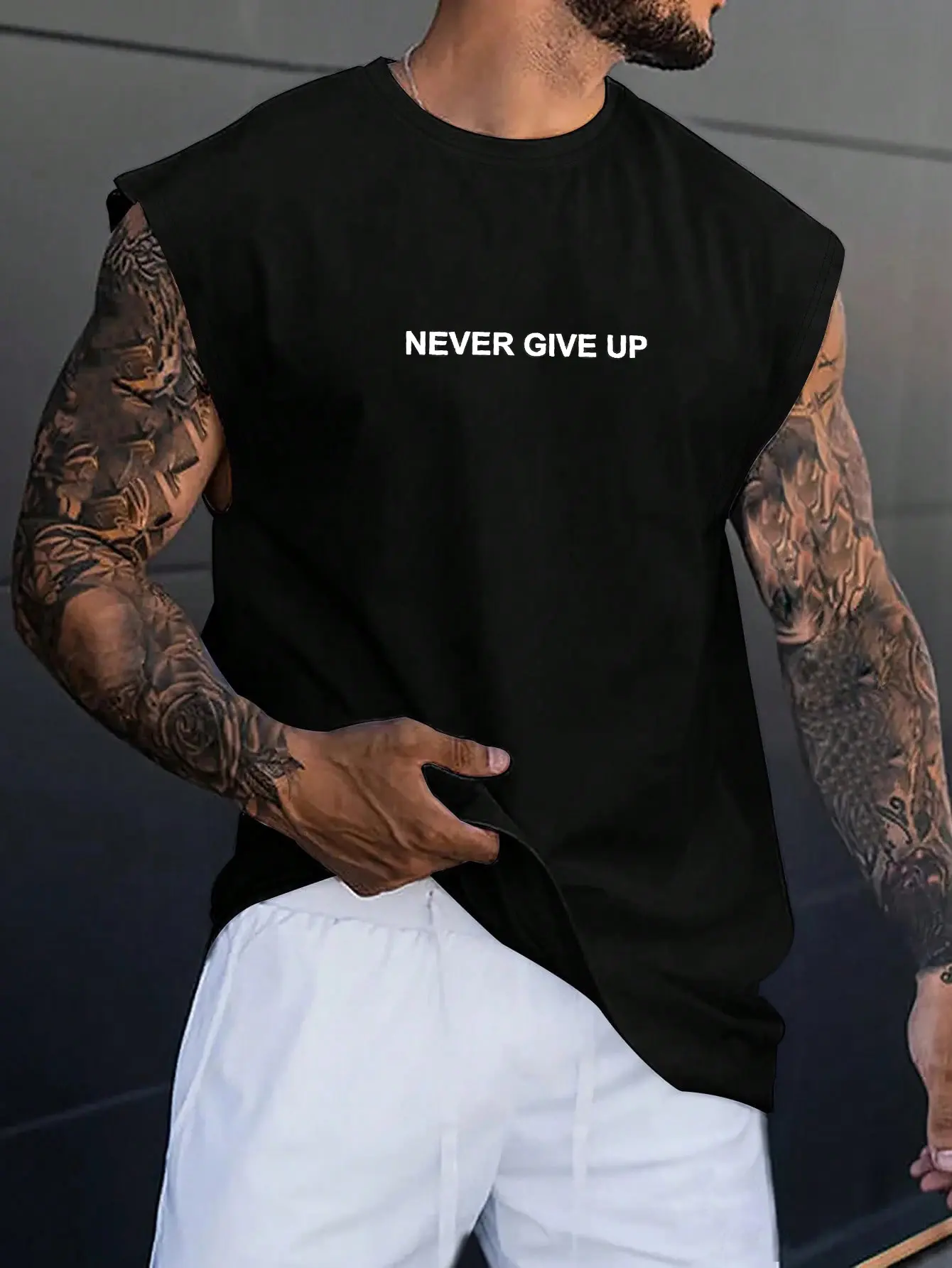 Men's summer casual sports loose NEVER GIVE UP double-sided printed comfortable and breathable round neck sleeveless vest