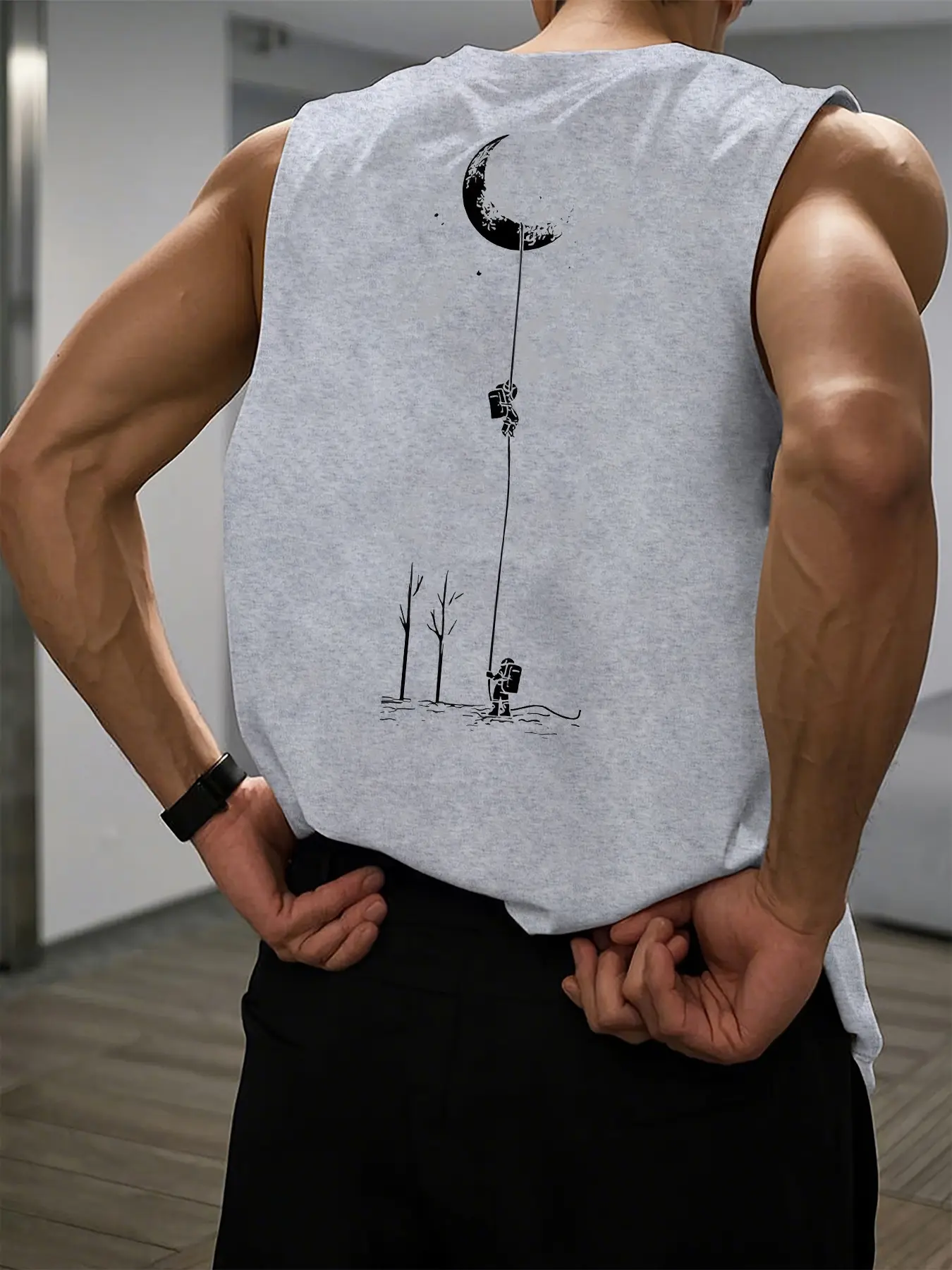 Men's summer casual sports loose fit astronaut landing moon pattern print comfortable and breathable round neck sleeveless vest