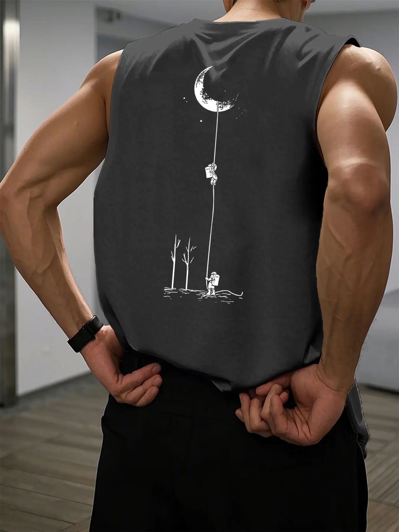 Men's summer casual sports loose fit astronaut landing moon pattern print comfortable and breathable round neck sleeveless vest