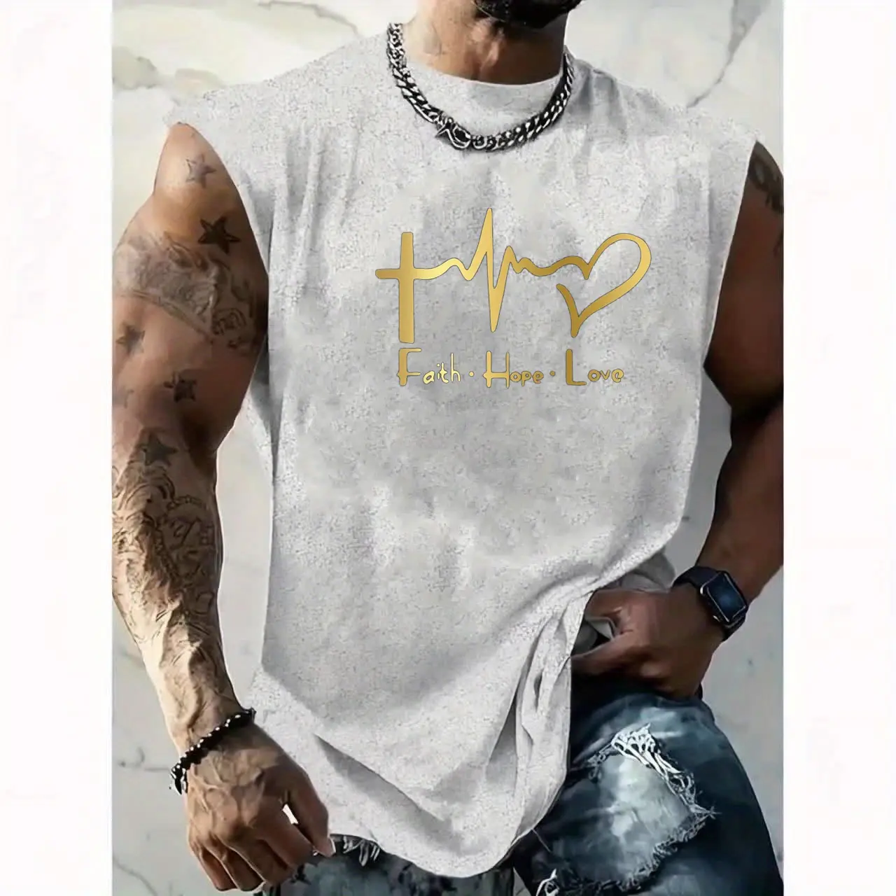 Men's summer casual sports loose heart-shaped belief pattern printed comfortable and breathable round neck sleeveless vest