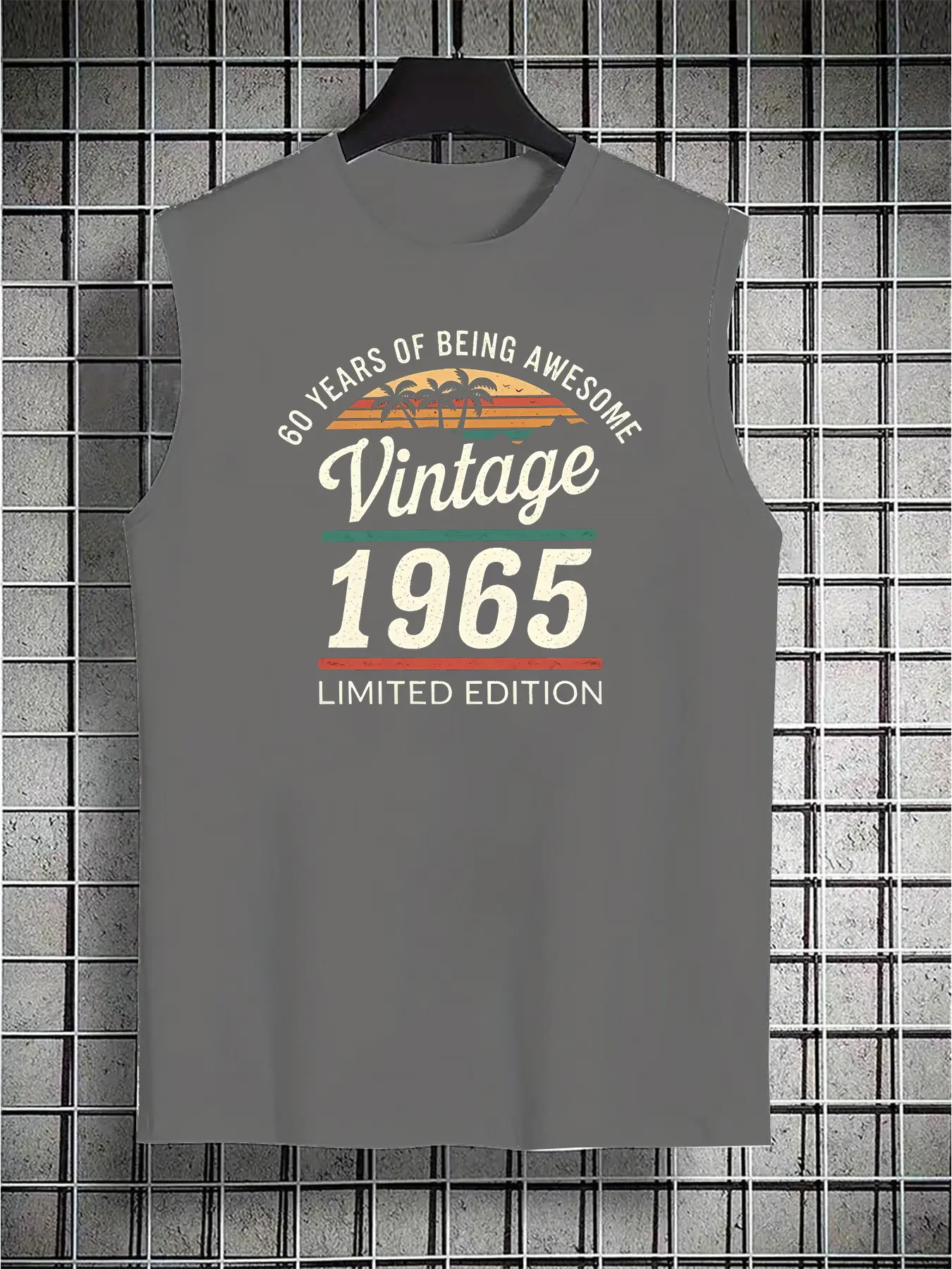Men's Summer Leisure Sports Fitness Loose Retro 1965 Pattern Printed Comfortable Breathable Round Neck Sleeveless Tank Top