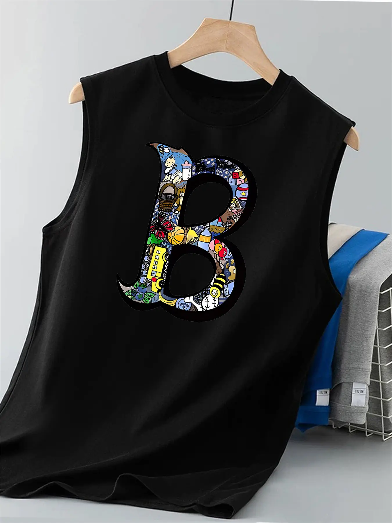 Men's Summer Leisure Sports Fitness Loose Letter B Pattern Printed Comfortable and Breathable Round Neck Sleeveless Tank Top