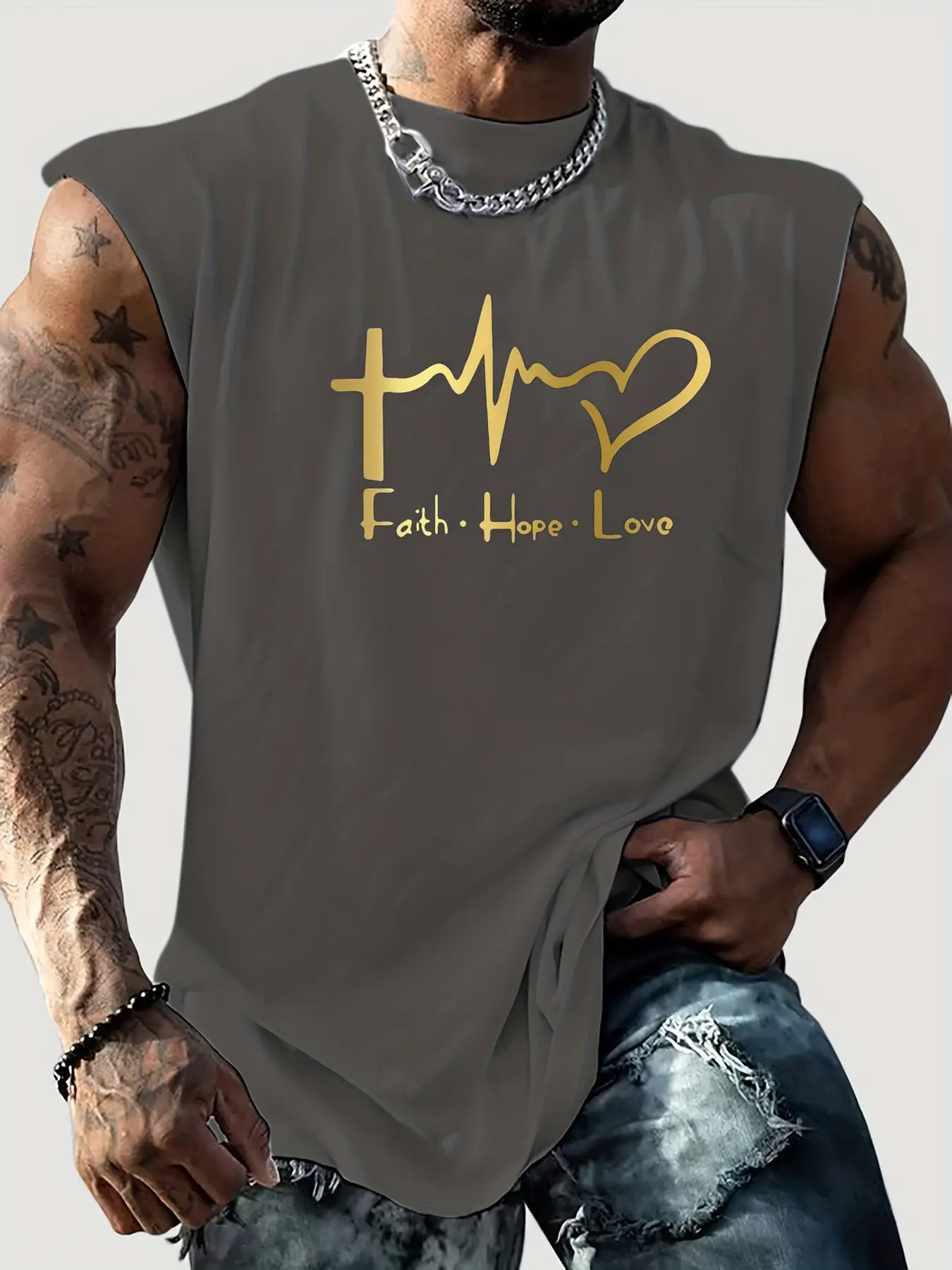 Men's summer casual sports loose heart-shaped belief pattern printed comfortable and breathable round neck sleeveless vest