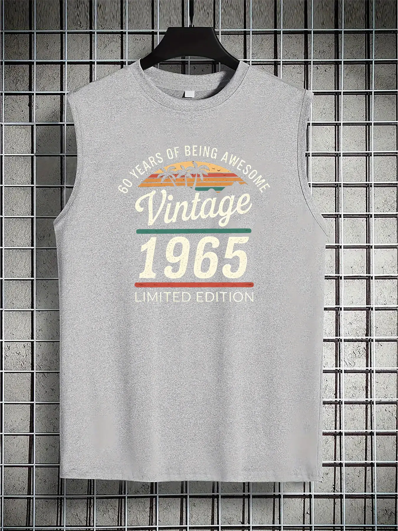 Men's Summer Leisure Sports Fitness Loose Retro 1965 Pattern Printed Comfortable Breathable Round Neck Sleeveless Tank Top