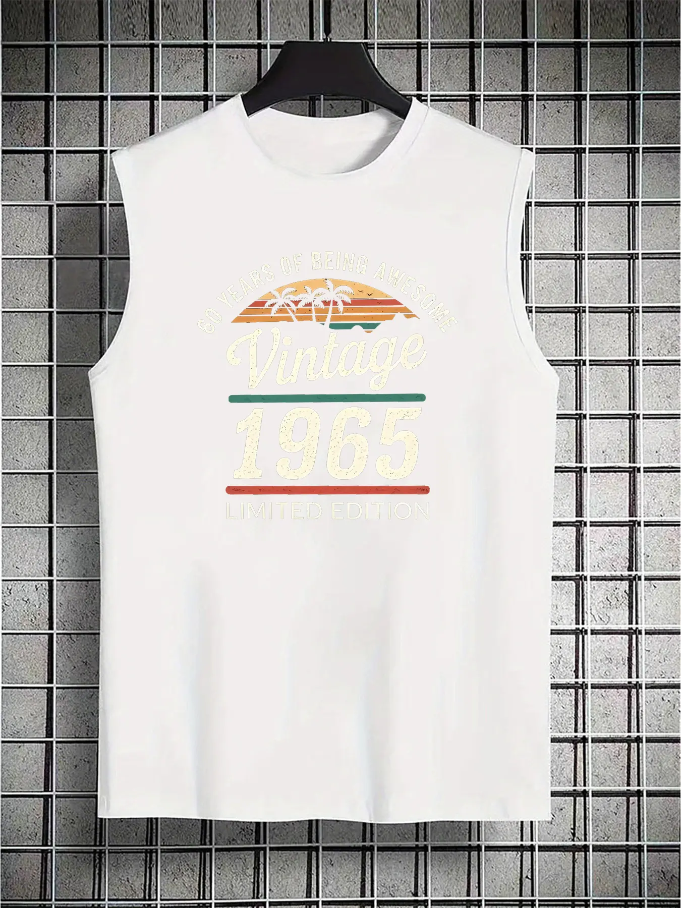 Men's Summer Leisure Sports Fitness Loose Retro 1965 Pattern Printed Comfortable Breathable Round Neck Sleeveless Tank Top