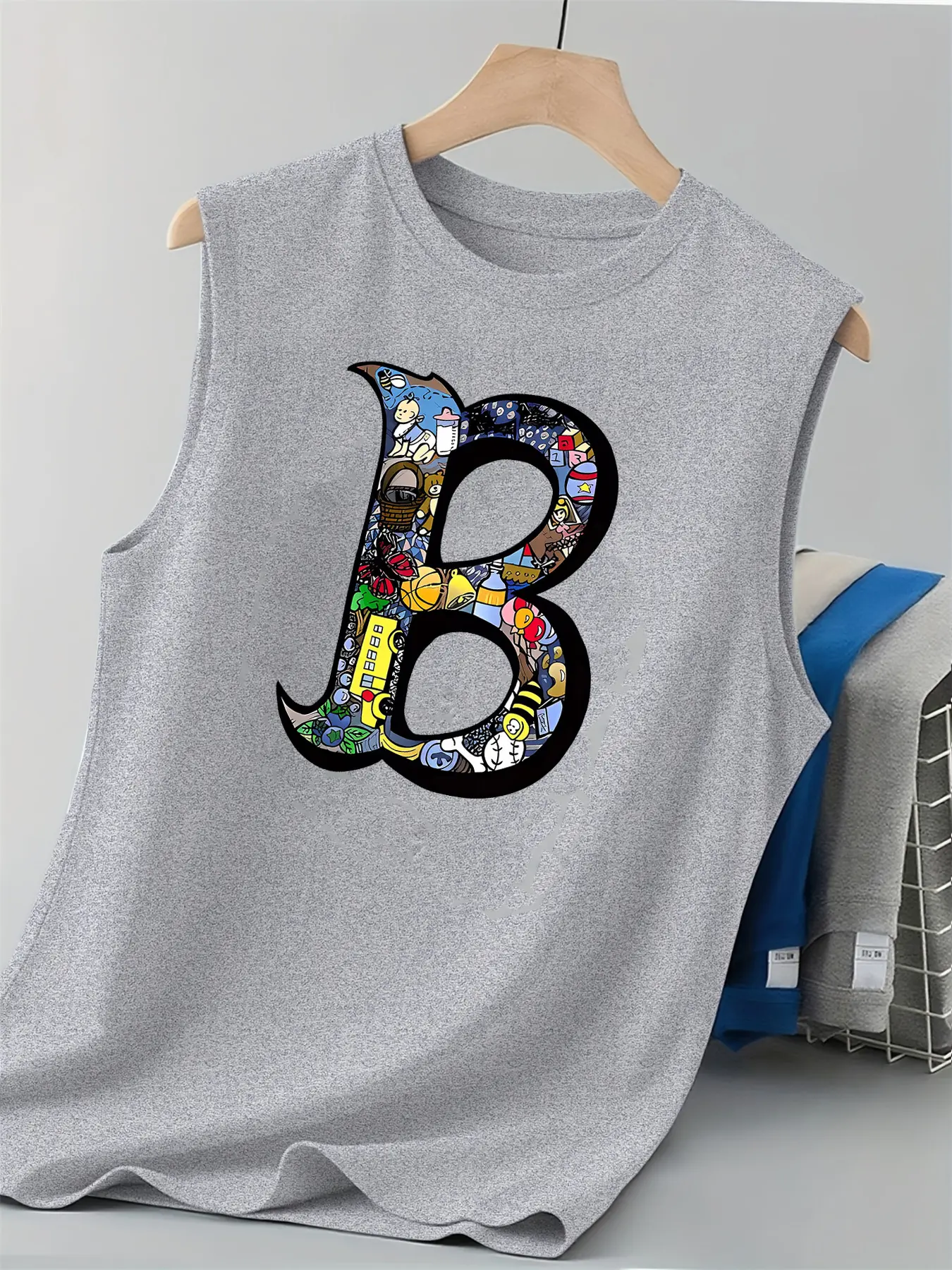 Men's Summer Leisure Sports Fitness Loose Letter B Pattern Printed Comfortable and Breathable Round Neck Sleeveless Tank Top