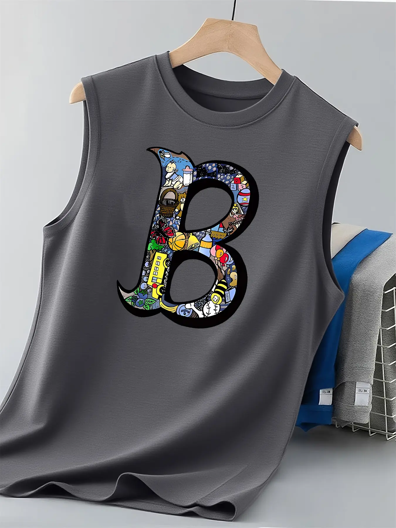 Men's Summer Leisure Sports Fitness Loose Letter B Pattern Printed Comfortable and Breathable Round Neck Sleeveless Tank Top