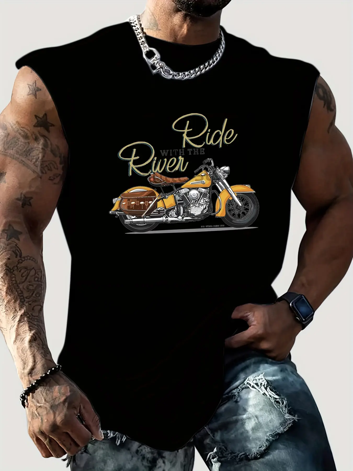 Men's summer casual sports loose retro motorcycle pattern print comfortable and breathable round neck sleeveless vest