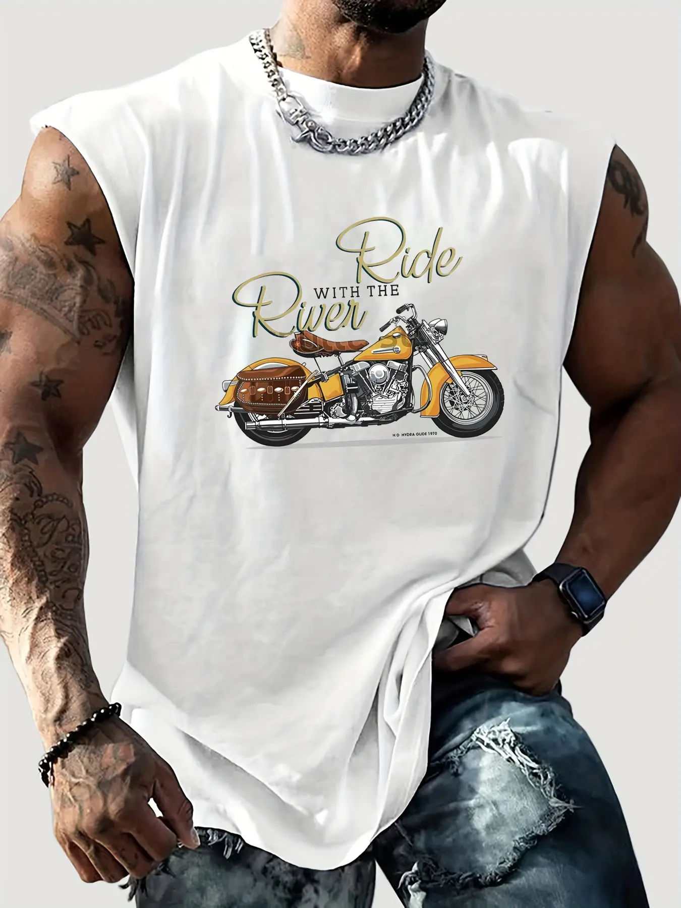 Men's summer casual sports loose retro motorcycle pattern print comfortable and breathable round neck sleeveless vest